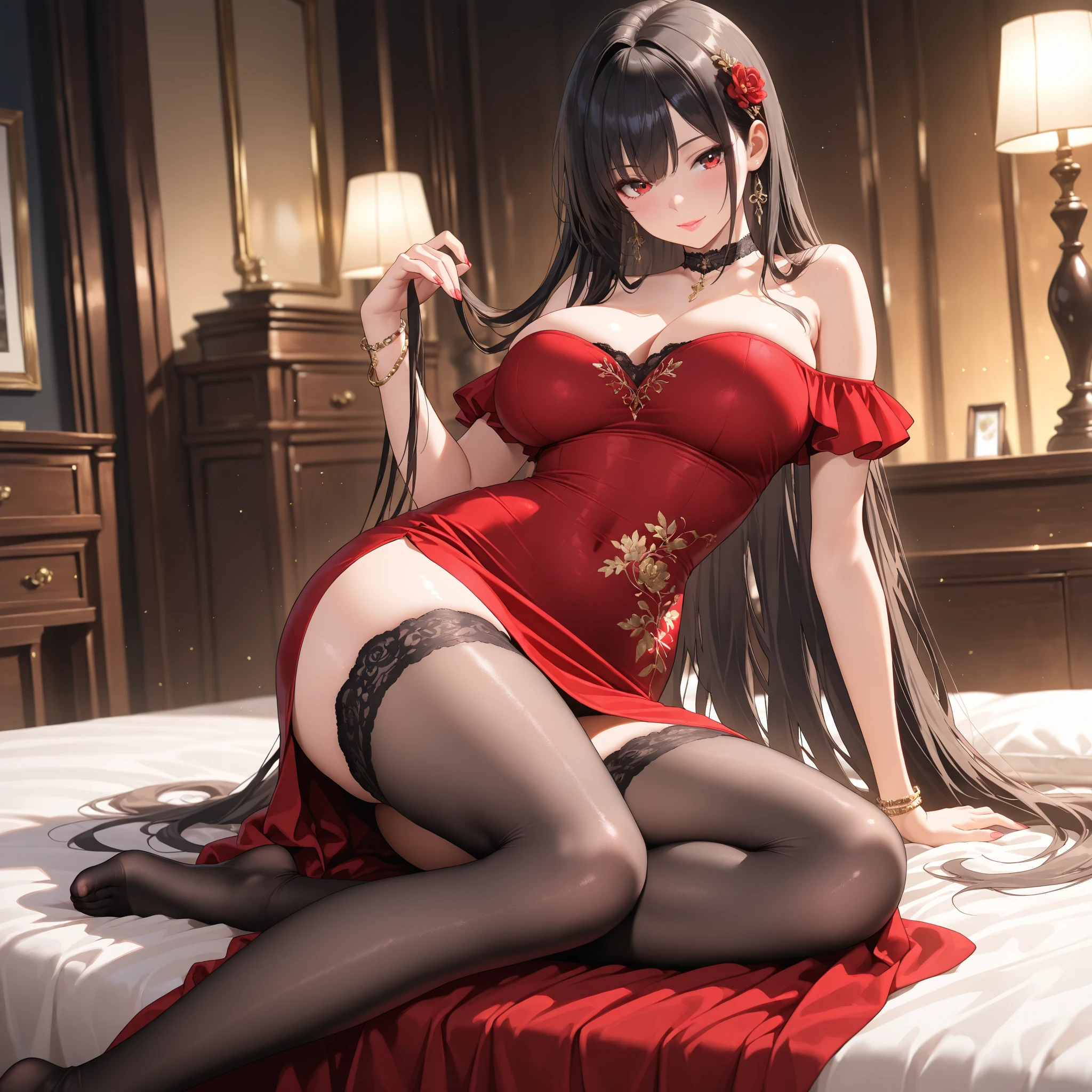raffed woman in lingerie posing on a bed with a red rose, lingerie, very sexy devil outfit, Red and Black costume!!!, wearing sexy lingerie, laced lingerie, Black and Red, attractive, Fantasy Costume, Black and Red silk clothing, Black and Red only, lingerie!!, silk, Teasing, Red and Black, sexy, sexy :8, tumbler、Surreal Waigi Flowers, Soft Light Misty, Magic Flower, A flower with very long petals, Glowing Flower, Alien Flower, Beautiful images, Shiny delicate flowers, Stunningly beautiful,Higanbana、Amaryllis、a close up of a field of Red flower in a forest, Red flowerが咲く, Light but dark red, A glimpse of red, Red flower, Very red color, Red Forest, bright red, bright red colors, Red flower of different types, bright red and green colours, In the world of red dreams, Red magic surrounds her, Red Iris、 Japanese House, Amazing light reflection, Traditional Japanese colors, Gorgeous composition, Magical colors and atmosphere, Black Hairの、Black Hair、Black Hairの姫カット、Black Hairのロング、hair ornaments、hairpin、Decorate your hair with flowers、Decorate your hair with flowersびら、The most beautiful woman、wonderful、Stylish、Exquisite style、dual、Iris、Seductive eyes、Full Body Lesbian、Butt、Nipples、Pink areola、clitoris、Strand、Strand間