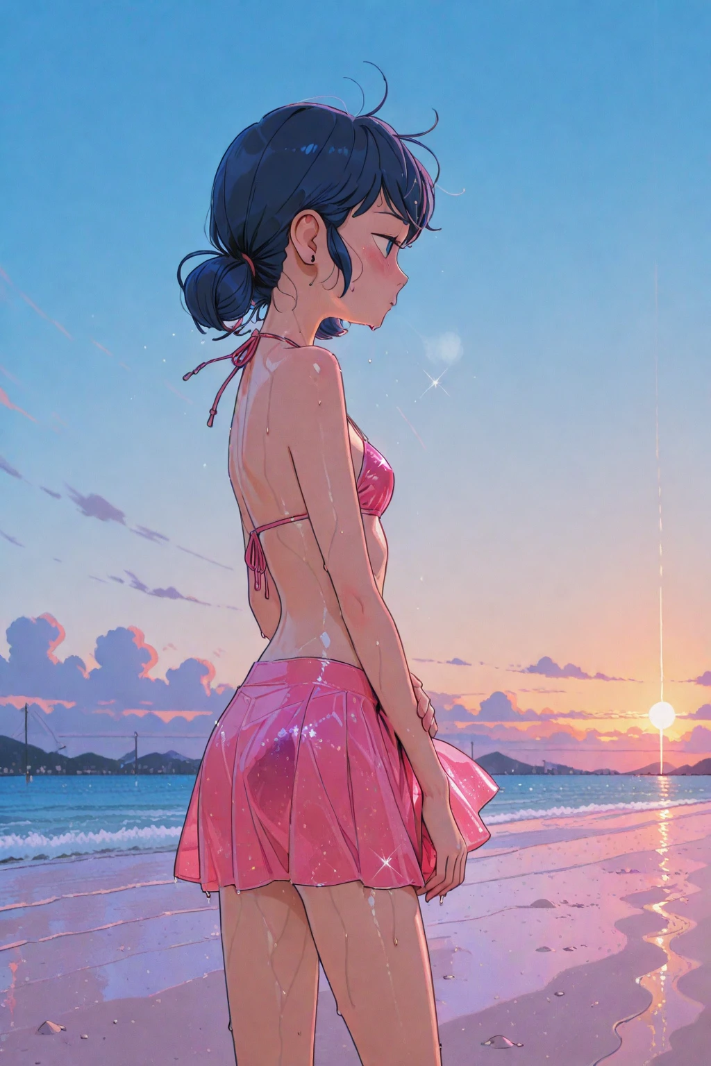 (highest quality、High resolution、detailed background)、(Highly detailed beautiful face:1.4)、cute teenage girl、(three women:1.2)、cute hair color、bob cut、braided bob、huge breasts、realistic、perfect body line、thick thighs、Attractive big ass、Healthy and beautiful、healthy body、cute gesture、cute、I feel safe、With a happy expression、sexual expression、
(Three beautiful girls wearing thin, see-through school swimsuits are standing side by side with their backs to each other in the school pool。:1.5)、(A beautiful girl is looking at us:1.5)、
(Close-up angle、close-up underwear from below), from below、Low - Angle、
Highlight your attractive buttocks、Emphasize feminine silhouettes、Stretch material makes your body line look beautiful、Accentuate your attractive big butt、Swimwear that is wet and sheer、Sexual buttocks、healthy charm、wet with water、my hair is wet too、cute gesture、cute