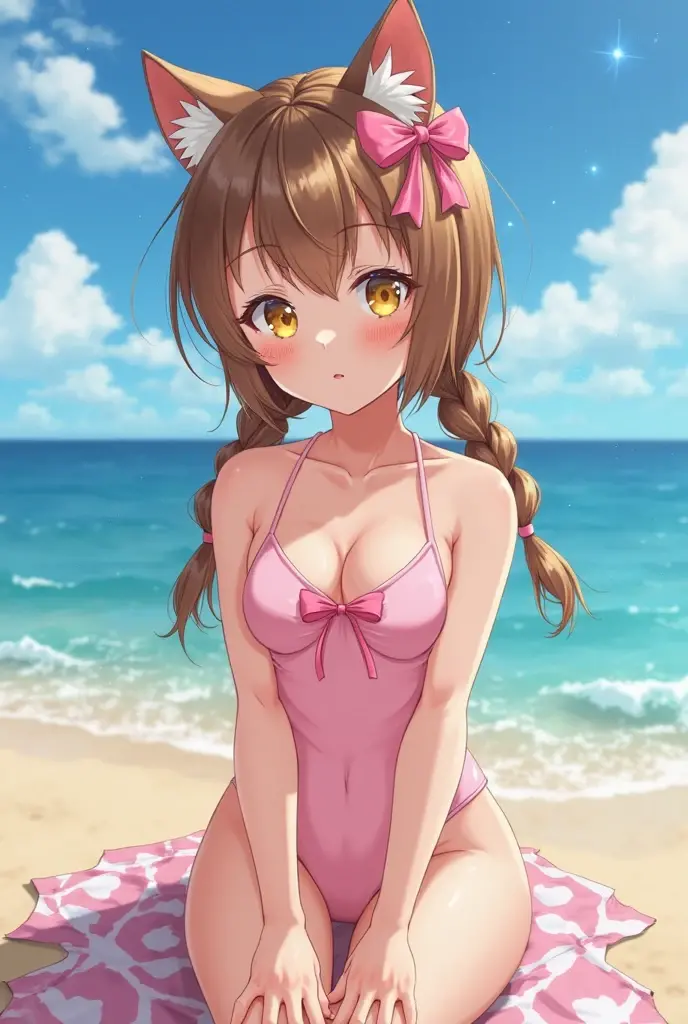 highest quality、one beautiful woman、beautiful big breasts、bare hands、barefoot、short hair、ponytail、(brown hair:1.3)、(((White and pink satin lace underwear)))、beach、The clear light blue sea、big smile、Wet textured skin、Sexy on all fours, highest quality, High resolution, Very detailed CG, (perfect anatomy), whole body