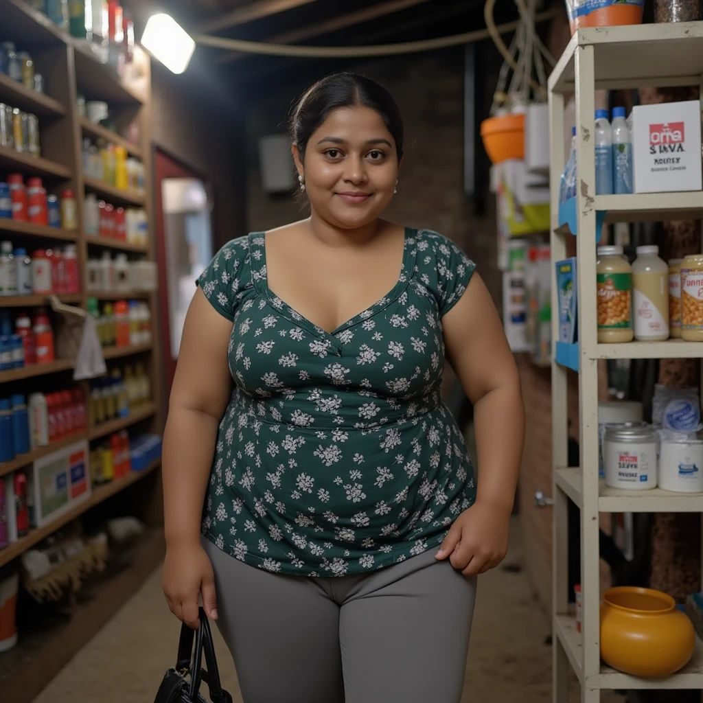 a photo of a 40 year old Hispanic smiling chubby pregnant lady, wearing a light blue v-neck shirt and tan khakis, a comically large bloated round belly, standing inside an empty grocery store.