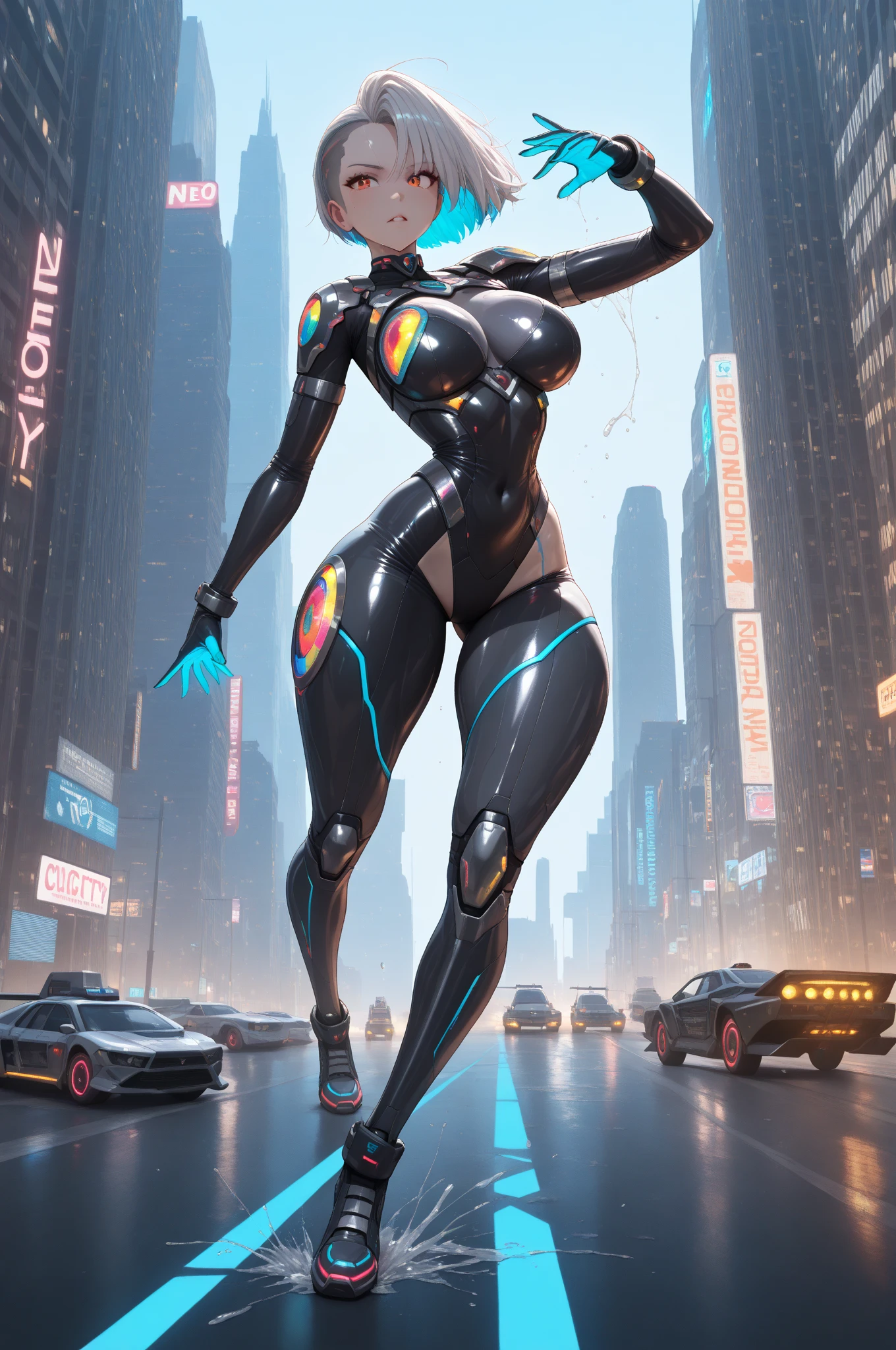 ((Best Quality)), ((Masterpiece)), ((Reality)), (Detailed), (Realistic:1.5),
A futuristic girl, (thick body), (white tights), (blue hair), blue eyes, lights on armor, cybernetic headdress,
Looking at the audience, dynamic poses, post-apocalyptic, destroyed city background, buildings on fire,
Science fiction, HDR, ray tracing, nvidia rtx, super resolution, unreal 5, subsurface scattering, PBR textures, post-processing, anisotropic filtering, depth of field, maximum sharpness and sharpness, rule of thirds, 8K raw, (glowing particles:1.4), (very detailed CG, Unity 8k wallpaper, 3D, cinematic lighting, lens flares), reflections, sharp focus, cyberpunk art, cyberpunk architecture,