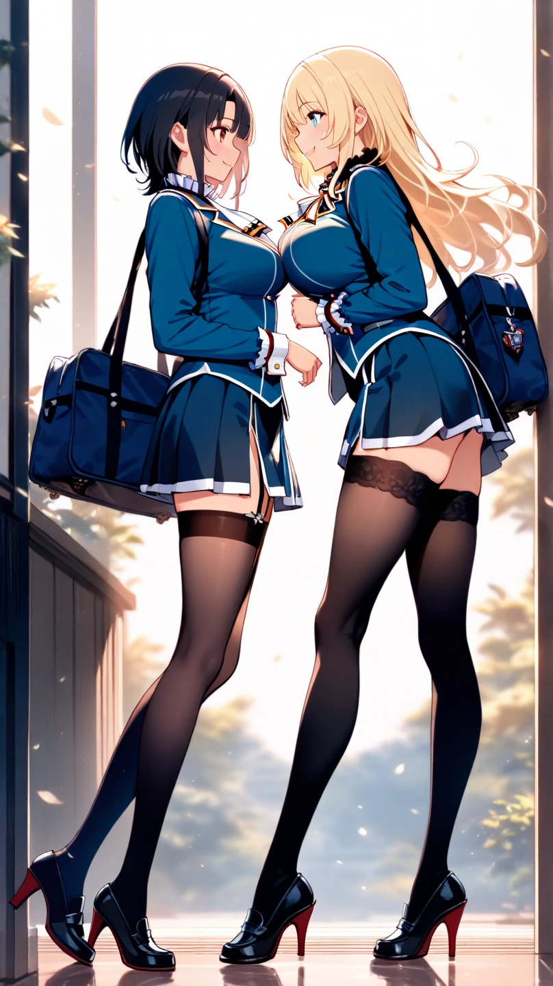 (((Stretch your legs and turn your ass towards me)))、((Two Women)))、Uniform Blazer、Beautiful beauty、Long golden hair、((whole body))、(((Photo taken from below)))、school gate、Large Breastini skirt、Panties are black lace、Japanese、expensive、Long limbs、Hairstyle Twin tails