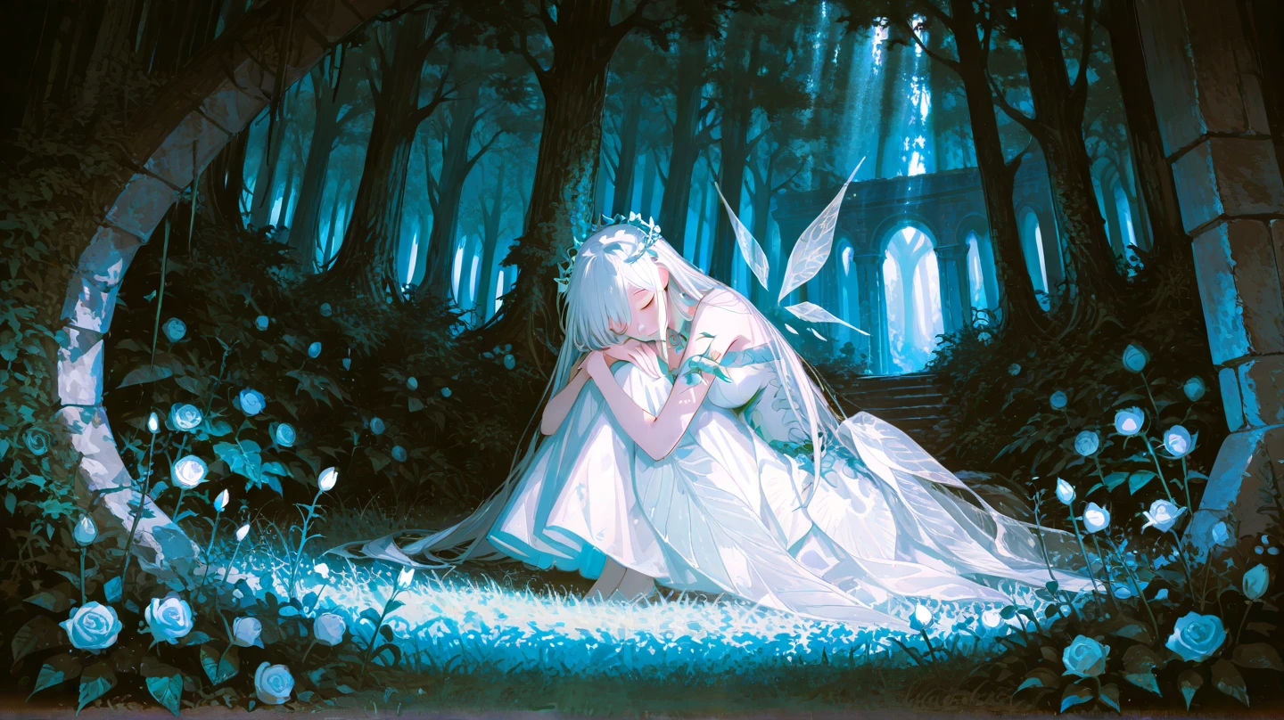 pile of corpses, closed eyes, scenery, perfect anatomy, white lingerie, fairy, forest