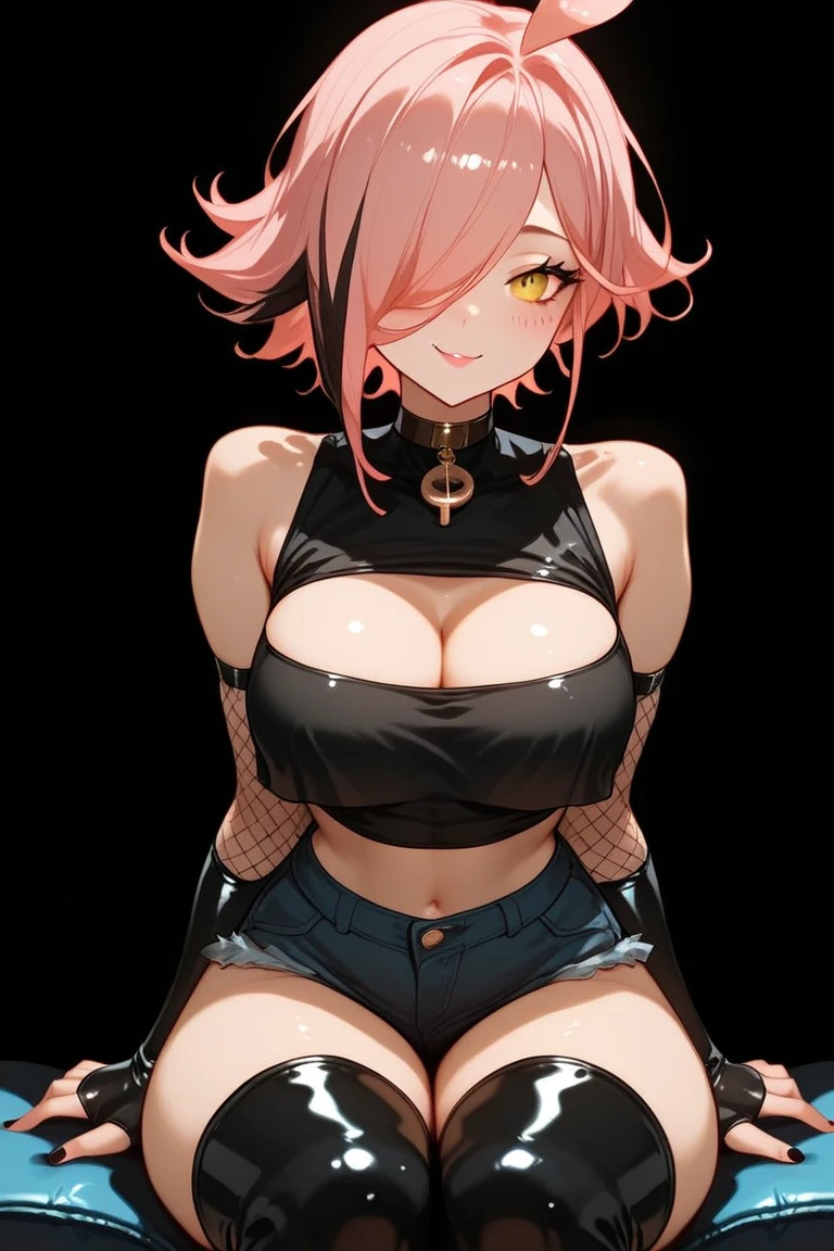 ((masterpiece、Highest quality、Super detailed)、((One person))、((Pink Hair))、((Twin tails))、((Light blue eyes))、evil smile、((Grin))、((lots of piercings))、((Very large breasts))、((Devil horns))、((black bikini))、((black leather short shorts))、tattoo、((Sweat))、Cowboy Shot、Sit on the bed、((spread legs))、((Dimly lit room))、Bedroom Background