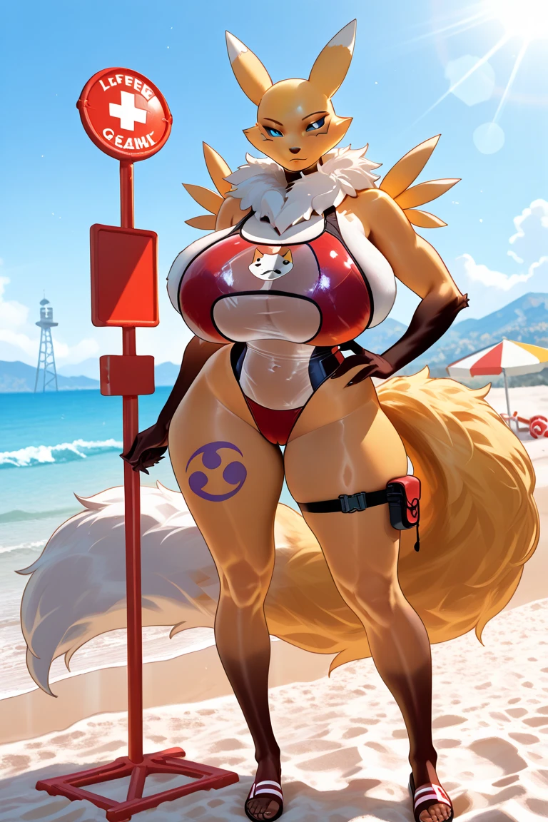 Roxanne Demin kin 1girl, solo, medium breasts, Body position: Standing, straight, symmetrical, barefoot, Lustful smile on face with red blush, fluffy ears, dog ears, blonde hair, bikini armor venus body