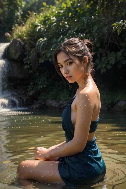 Waterfall bath

(best quality,4k,8k,highres,masterpiece:1.2),ultra-detailed,(realistic,photorealistic,photo-realistic:1.37),HDR,UHD,studio lighting,ultra-fine painting,sharp focus,physically-based rendering,extreme detail description,professional,vivid colors,bokeh,portraits,landscape A middle-aged Thai woman stands in front of a majestic waterfall, basking in the shimmering sunlight. Her short hair is neatly styled, accentuating her graceful features. She wears a vibrant sarong, adorned with intricate patterns that reflect the rich culture of Thailand. A thin white shirt caresses her delicate skin, creating a sense of tranquility and freshness. The woman's eyes exude wisdom and serenity, capturing the essence of a life well-lived. Her lips, gently curved into a content smile, radiate warmth and positivity. Every detail of her face is meticulously crafted, showcasing the artist's dedication to capturing the true essence of this remarkable woman. As she stands under the cascading water, droplets glisten on her skin, creating a mesmerizing play of light and shadow. The crystal-clear water forms a natural pool at her feet, inviting her to immerse herself in its cool embrace. The surrounding greenery provides a lush backdrop, enhancing the enchanting beauty of the scene. The artwork exhibits the highest level of craftsmanship, boasting ultra-fine details and a realistic portrayal of the woman and her environment. The vibrant colors of her sarong and the lush foliage evoke a sense of vibrancy and life, while the gentle bokeh effect adds a touch of magic to the composition. Capturing the essence of a portrait within a stunning landscape, this artwork seamlessly combines the beauty of nature with the depth of emotion found in the human spirit. The light falls gracefully on the woman, illuminating her presence and creating a sense of awe. With its rich hues and meticulously rendered details, this masterpiece transports the viewer to the tranquil serenity of the Thai countryside.