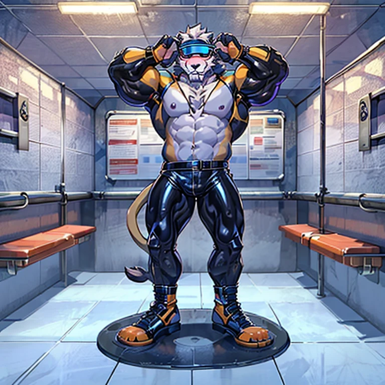 Highest quality, Highest quality, High quality illustrations, masterpiece, Ultra-high resolution, Detailed Background, room, Absurd, Perfect Anatomy, performance, Good lighting, Shadows in the movies(kemono, Furry Personifi猫ion), horse, Muscle Body, Rubber Suit, latex, neon, neonライト, neonカラー, Bodysuits, Cyber Suit, cyber punk, Red Rubber Hoodie, Rubber Mask, Sit on the sofa, Earrings, Tattoo, Huge bulge, Dynamic Angle