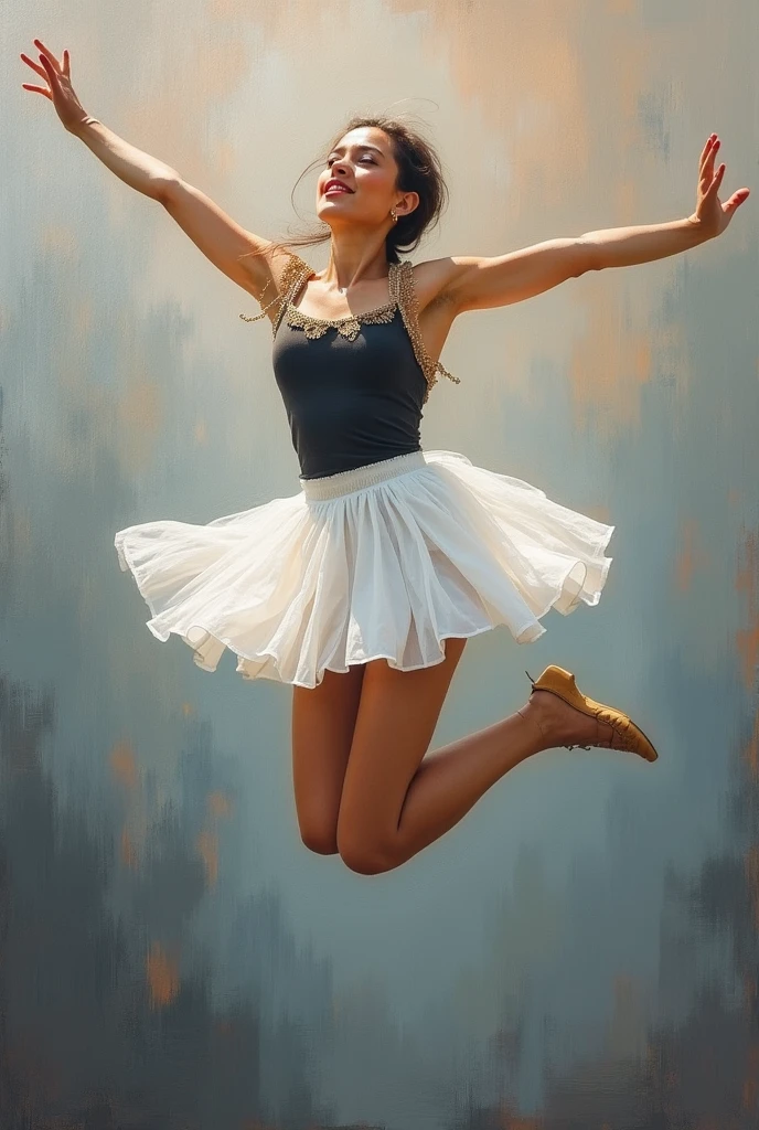 Photo. Girl floating on thin air 3 meters above the ground on thin air in a liminal colored striped space. by Cristobal Balenciaga. Mysterious. Realistic medium long shot photography. Complex composition. Dynamic poses.