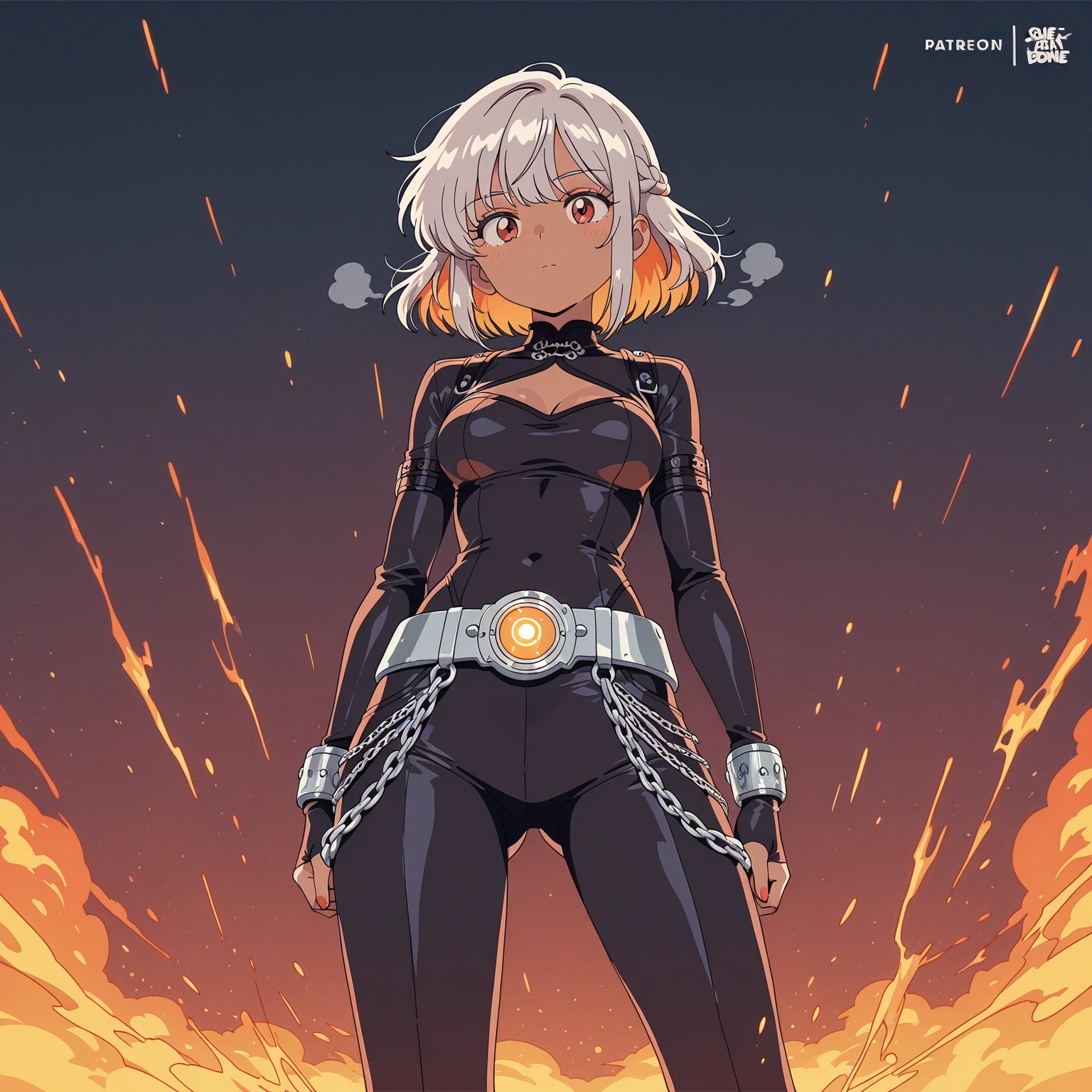 girl, (hotify,digital art,fit,hot body,instagram:1.2),(robot:1.4), (Modern,Lava Background:1.4),Muscular,Very Small Breasts,(Hands above the head),Medium Hair,Bob Hair,(silver Belted Top,orange Bodycon skirt:1.3),fate (series),Firefighter Outfit ,(masterpiece,detailed,highres:1.4) <lora:summer:1.0>