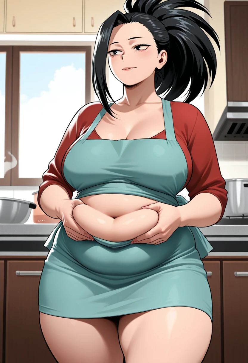 (Morbidly obese:1.1)1girl, solo, black hair, blue eyes, milf, middle aged, mommy, (massive sagging breasts:1.0, cute red dress, housewife, apron, kitchen, looking in distance, thinking