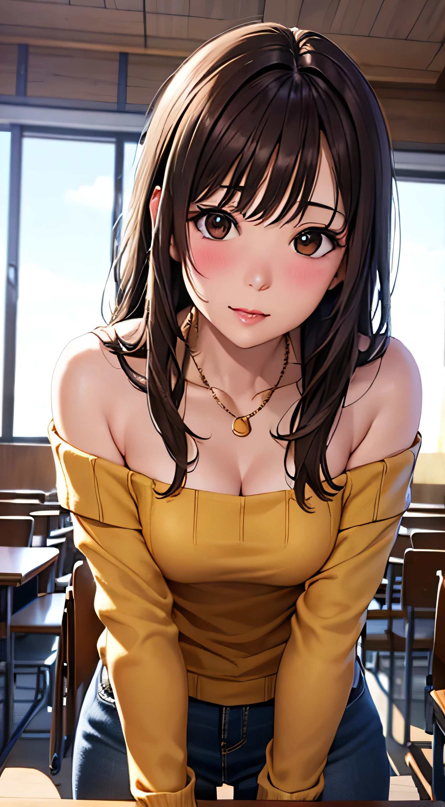 ((, top quality, high res, , Pixel Perfect, 4K,))), One female teacher, Braly, 、full body visible、 ((middle wave hair, Brown Hair)), ((brown eyes, beautiful lashes, realistic eyes)), ((detailed face, Blush:1.2)), ((smooth texture:0.75, realistic texture:0.65, realistic:1.1, Anime CG Style)), small breasts、 Paizuri, dynamic angle, perfect body with smoothie, (( , , beige middle sleeve off shoulder sweater, tight denim skirt、kiss face、facing up)), 、、Stare at us by leaning forward、on the desk with both elbows, 、、Evening Classroom、、、、Gold Necklace、()、)、