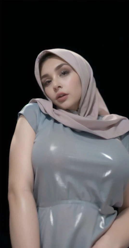 1 malay girl pregnant 9 month modern plain hijab, shy, medium portrait shot , watery eyes , big eyes, pink glowing particles, wearing baju kebaya pastel light lilac, (( big breast)), lilac light bokeh background, proportional body,full body