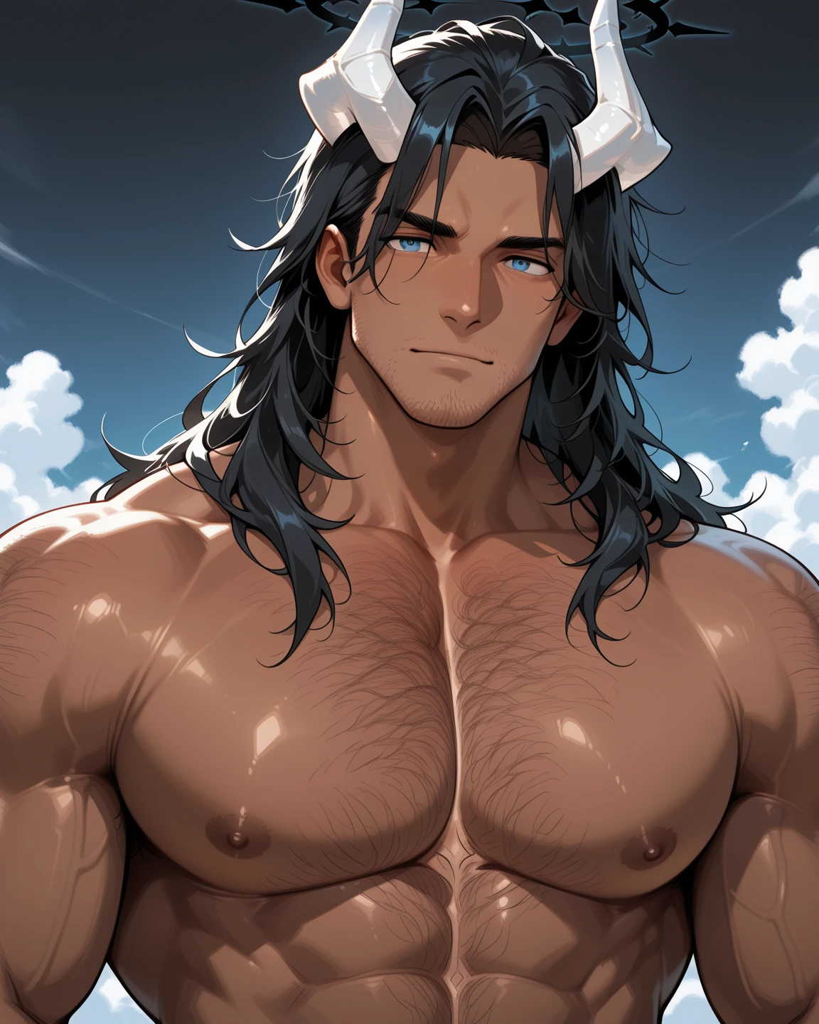 only 2 tusks, wavy hair style, nocturnal, night, starry sky, handsome, kind