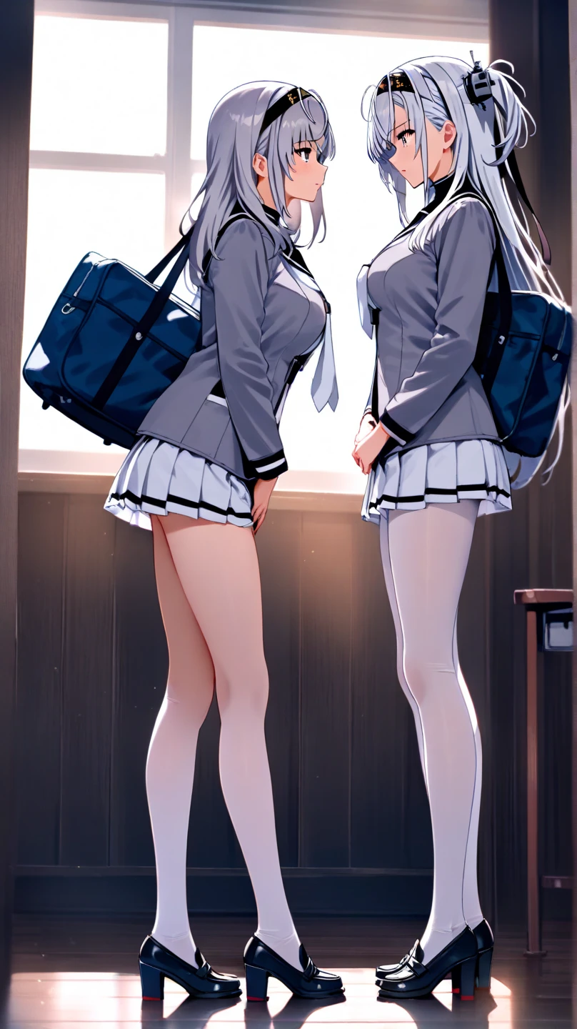 2 girls, smile, shirt, skirt, (small),((classroom:1.5))、、(blush:1.3)、((青いチェック柄のskirt:1.5))、Cowboy Shot、(skirt lift:1.3),(非常に詳細なpanties:1.3)、(非常に詳細なpanties:1.3)、、(skirt that rolls up:1.3)、(まる見えのpanties:1.5)、,((Pure white cardigan)),(((Luxury underwear)))、((Black embroidered underwear))),(((panties、Embroidery pattern))),(((bra、Embroidery pattern)))
