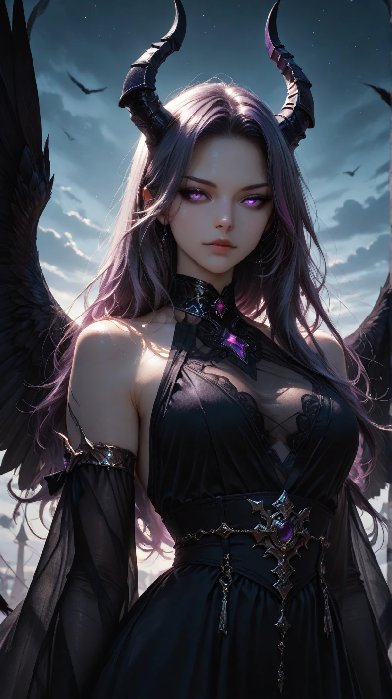Most beautiful  xianxia female protagonist,black long  hair with pink strand , pink and black hair,and pink eyes,cold face  like arctic pole ice,use fantasy armour and black wings at back,wing detailed,f cup breast,look,use majestic garmen with black and purple fillamen,silver pattern garment ,purple shirt tassel ,held mystical scythe,scythe goddess,scythe user,scythe detailed,majestic aura,moon background,ace detailed,lips detailed,thin red lips,golden rune scratch at fore head,forehead detailed,better quality, masterpiece,24K ultra hd,super beautiful detail,goddess featuring 
