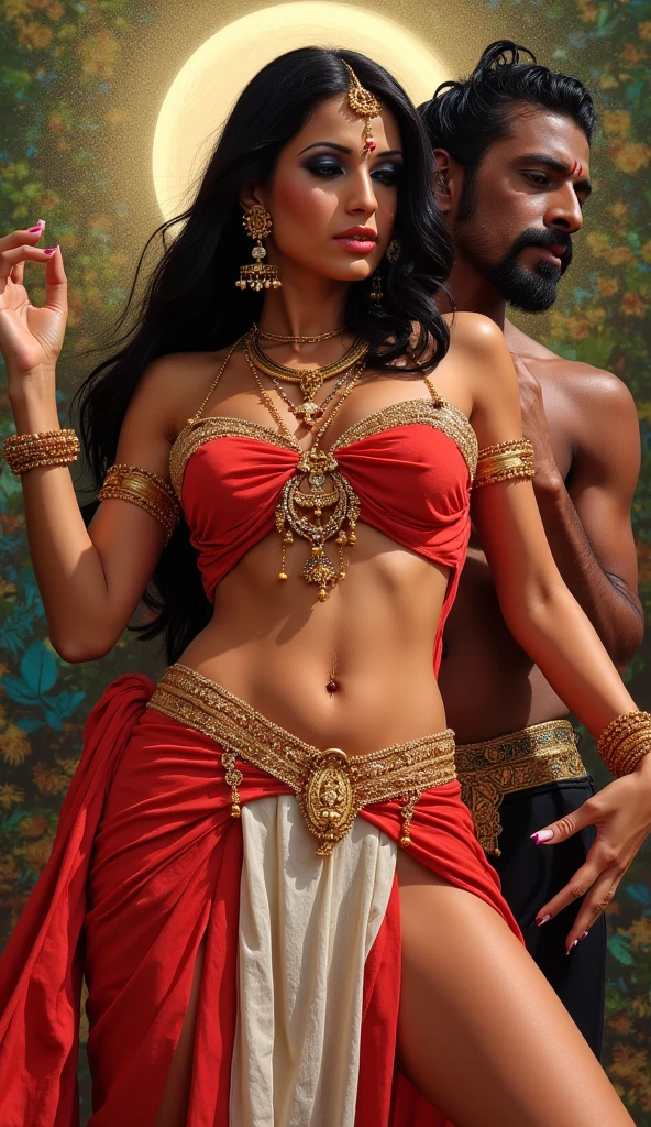 A fair-skinned girl with blonde hair, dressed in a gorgeous Indian sari with jewelry, embraces a guy with black hair, dressed in ancient Indian style, both are semi-naked sitting in Indian sofa in the rich Indian palace in the background, animated realism style