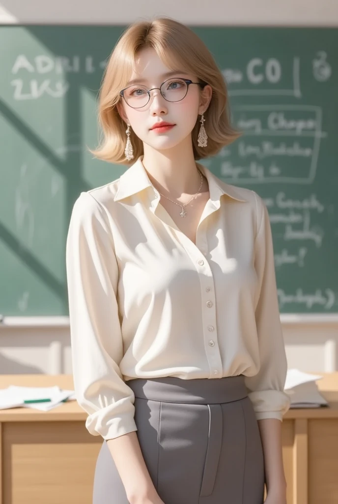 Masterpiece, Top quality, (Raw photo:1.3), Realistic, Upper body photo, Beautiful adult woman, 27-year-old, Scottish beauty, long face, long eyes. wavy ginger short hair, Clean, Symmetrical face, Symmetrical eyes, archaic smile, (White blouse, Small breasts:1.4), intelligent, neat female teacher, classroom, blackboard