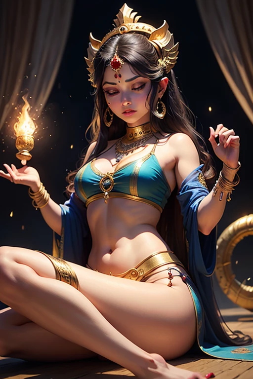 a beautiful emma watson as an egyptian goddess, hot sexy, perfect, straight hair long to the feet and loose, silky golden skin (oily lighting) full lips, egyptian scarf, jewelry and braceletotorealista:photorealista, 8k Work-premium), with a garment Egyptian gold and white, Black screen ((black background)), (Hyperrealistic: Realistic intricate details), Smiling: Features, (Well detailed texture and atmosphere pure perfect lighting.), beautiful vagina, vagina with soft hairs, beautiful breasts, perfect breasts, erotic pose, provocative sexy pose, transparent clothing, naked body with flower tattoo, pyramid in the background of the scene, pyramid with straight light at the top, night sky, cloudy sky with rays, full moon, lamp and lantern, beautiful goddess Naked Egyptian covered in jewelry and tattoos,
