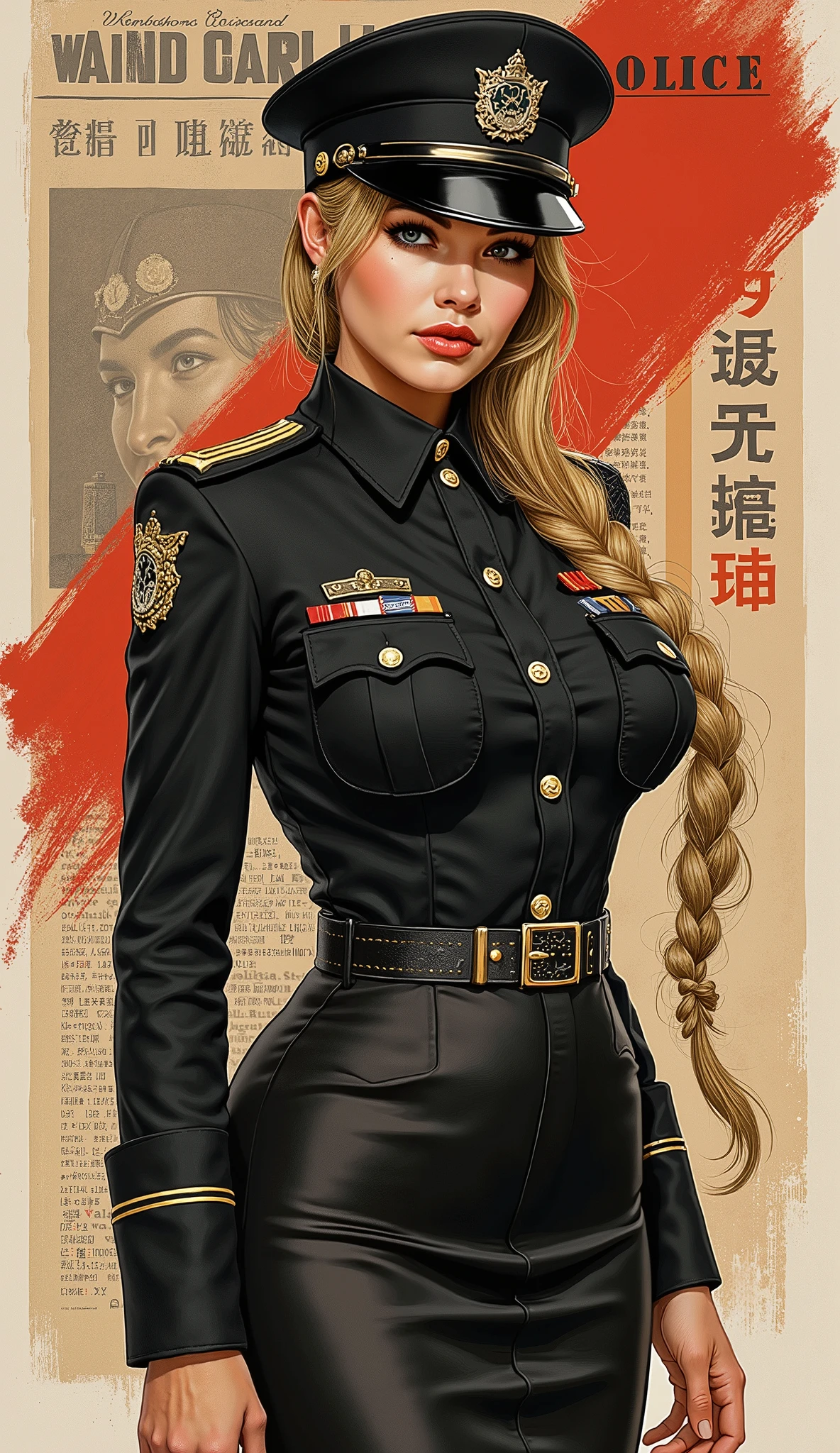 the proportions and detailed textures multicolor brushwork and softened with airbrush, semi-realistic ink china illustration of a strong and beautiful young girl in a steampunk style police uniform and epic fantasy (full body pose, with a confident and daring stance, Full lips and defined eyebrows, thick thighs, huge round breasts, wide hips, thin and high waist, flat stomach) Her long, straight blond hair is tied into a (long) braid that falls down her back. Her uniform consists of a black shirt beautifully decorated with military orders, decorations and medals, a tight, high-waisted, finely tailored knee-length pencil skirt, and an officer's beret decorated with a military police badge. In the background is a recruitment poster for the army, all in a steampunk and World War II style. The composition, halfway between vintage and punk, of the overall image is clean, defined and of high quality. balanced saturation in the color palettes very defined (color with monochrome shading and shine tones of red 25% + yellow 25% + blue 25% + biofluorescent 12.5% + transparencias 12.5%. Aesthetic fusion by (Fibonacci ratio. Young girl (Her skin pink with various shades of dark-beige that give contrast and brightness character) style. A poupée realiste of a young office's police. haute couture photoshoot (Full body in a movement position with hands and legs in a dynamic pose). Fluid texture of fine, thin fabric that molds to your body (Her clothes with relief and folds give volume and depth to the character). Sharp Highly Detailed Soft Focus, Approaching Perfection, Full HD 8K, High and Low Angles. of Gianni Versace, Coco Chanel, Alberto Vargas, Greg Rutkowsk art style fusion.
.