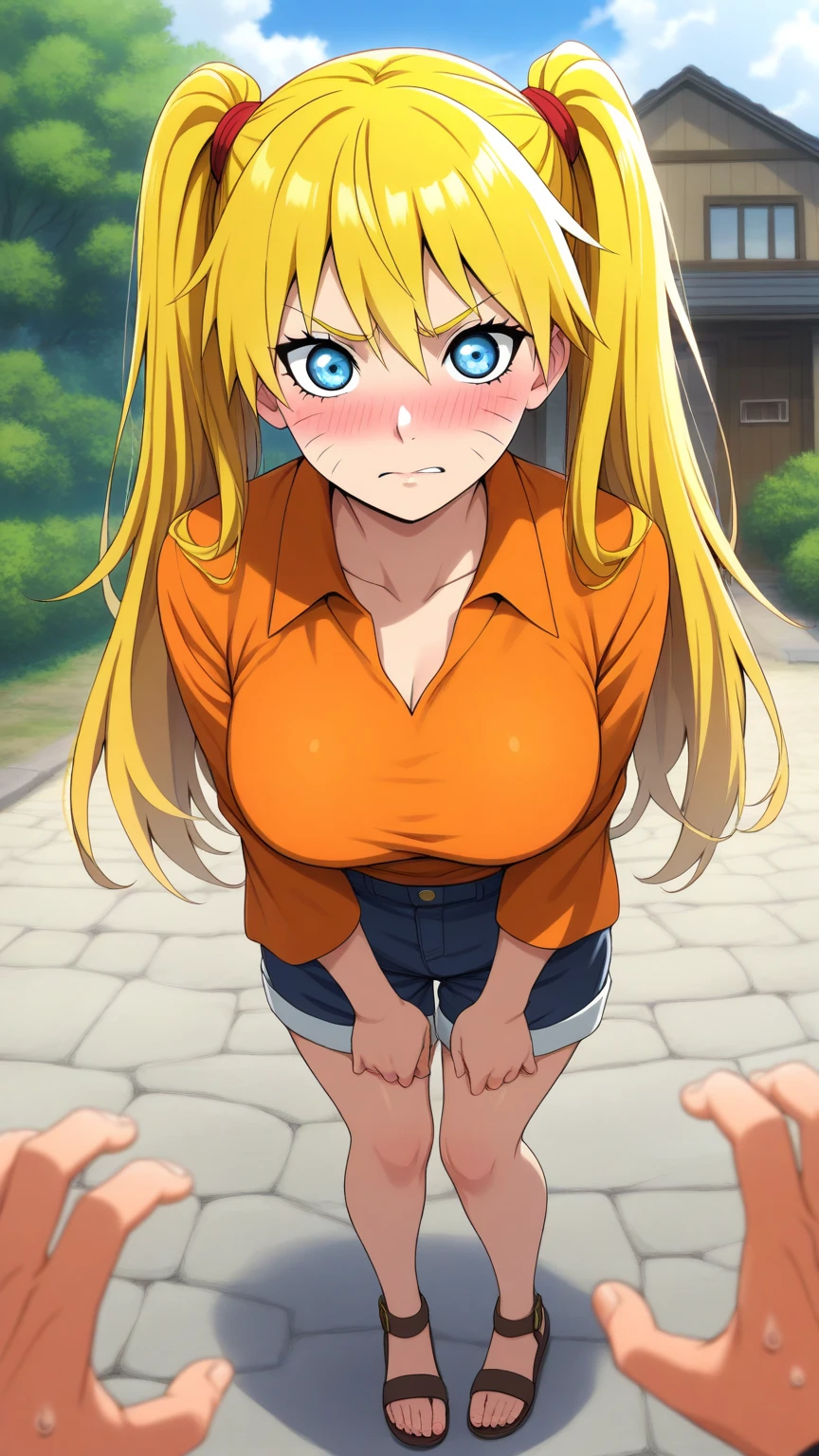(masterpiece:1.3, highest quality, Ultra-high resolution, Very detailed), (Realistic:1.1, photoRealistic:1.4), Beautiful illustrations, Perfect lighting, colorful, Written boundary depth, Beautiful detailsまでこだわった髪, Beautifully detailed face, Beautiful details, Beautiful clavicle, Beautiful body, Beautiful breasts, Beautiful thighs, Beautiful legs, Beautiful fingers, View audience, 1 girl, Japanese, high school girl, Perfect Face, (Perfect Anatomy, Anatomically correct), Cute and symmetrical face, Baby Face, Sunburn, Shiny skin, (Middle Hair:1.5, Twin tails:1.2, blonde), Asymmetrical bangs, blue eyes, Long eyelashes, (Medium Chest), thin, ((Collared short-sleeved shirt, Light blue shirt, , Grey plaid pleated skirt, To the Navy)), No pants, (Beautiful views), evening, (Outdoor, distant cityscape), Are standing, (peace sign), (Cute Smile, Blushing、Upward glance, Open your mouth), (Very open vagina:1.4),(Sometimes inserting a thick erect penis into the vagina from below:1),(Semen overflowing from the vagina:1.2),(Tears overflowing),