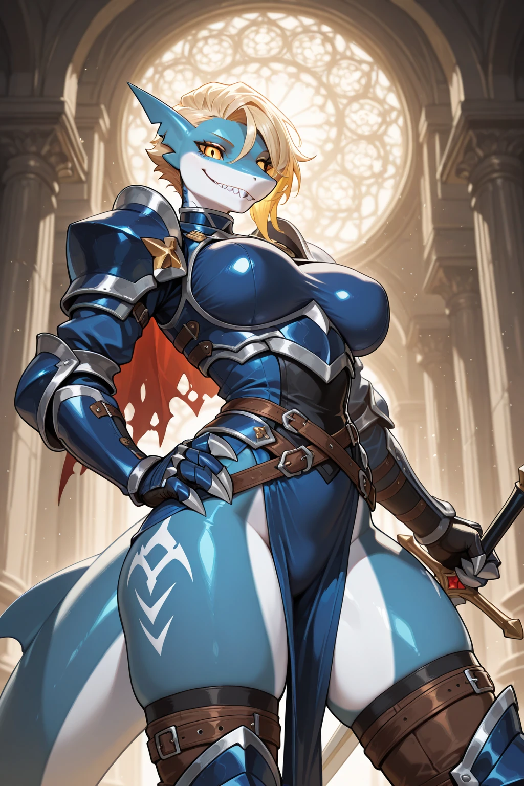 Busty female reptile, golden dragon horn,Covered with shiny black scales. Wearing a sleek and simple golden sexy bikini armor. . .Holding a spear，Posture straight，Full body portrait，Expression smile，Large Breasts，Pure white background