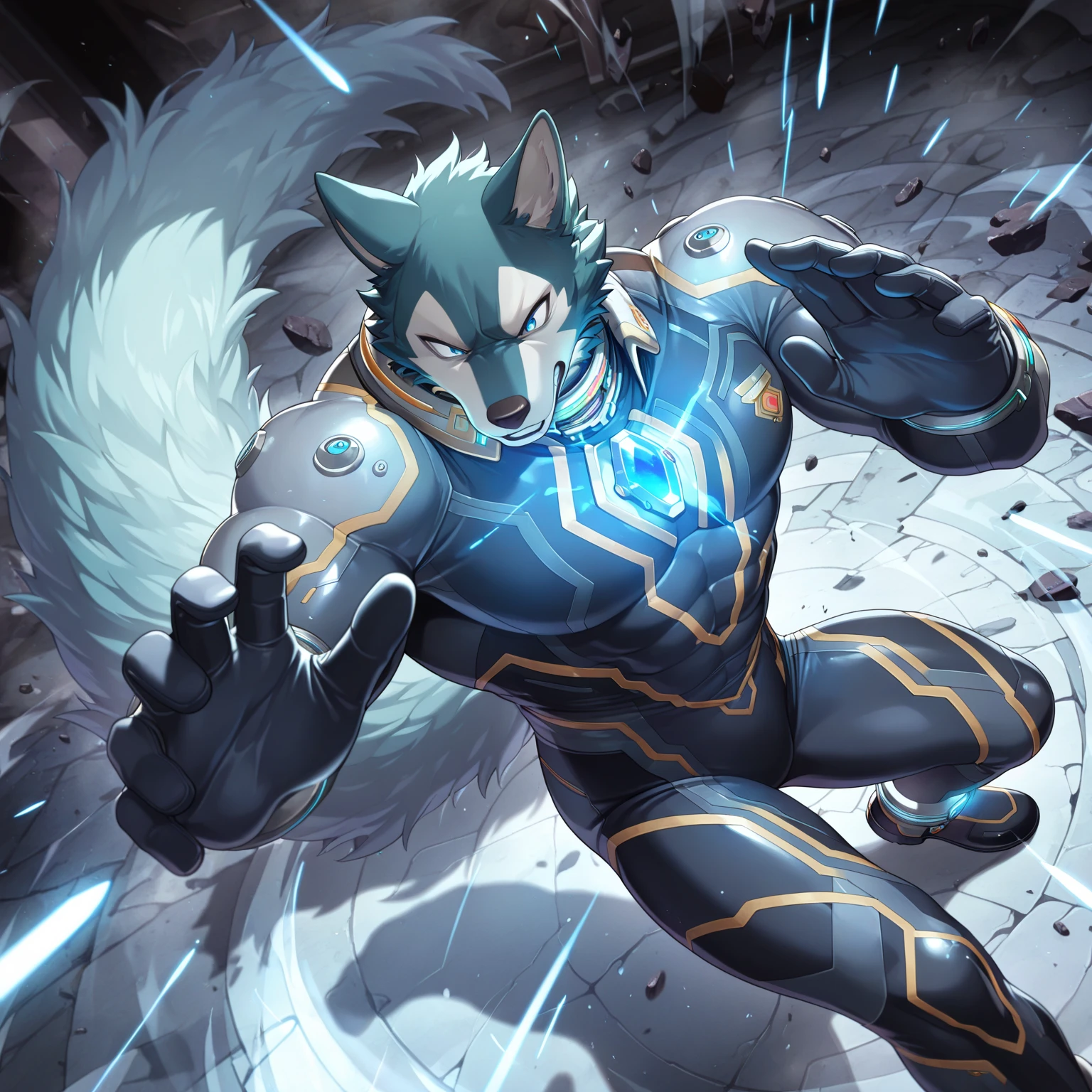 masterpiece, best quality, perfect anatomy,
by t.y.stars, (by null-ghost:0.4), (by drks:0.3), (by Pino Daeni:0.7),
breke,
furry, male, wolf, solo, bodysuit, torn clothing, tail, (blue fur:0.9), blue eyes,
(bulge:0.8), (zipper:0.5), blade, holding sword,
battlefield, detailed background, dynamic angle, vehicle
<lora:breke:1>