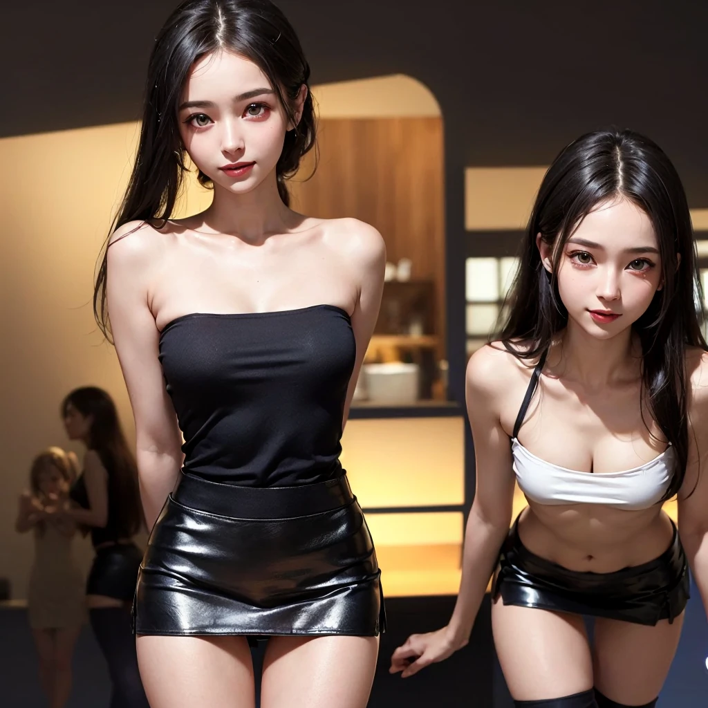 ((Two women standing side by side:1.3))、((2 women))、((Woman with nipple clips、Woman wearing a nipple necklace))、((Highest quality、 masterpiece、 Photorealistic、 Super detailed、 超High resolution、 born:1.3))、((High resolution、8k、masterpiece:1.2))、High Detail、((Super detailed))、((Young face))、((Small breasts))、Flat Lighting、Realistic Background、Slim Waist、Japanese、nsfw、(naked:1.3) 、Bunny ears、playboy bunny 、black bunny girl headband 、Beautiful nipples、(Beautiful pussy)、Perfect nipples、(An empty coffee shop at night)、(全naked)、Highly detailed nipples、Narrow waist、Very smooth skin、Fishnet tights、Knee-high boots、Knee Shot、hand up、Standing、Happy Smile、