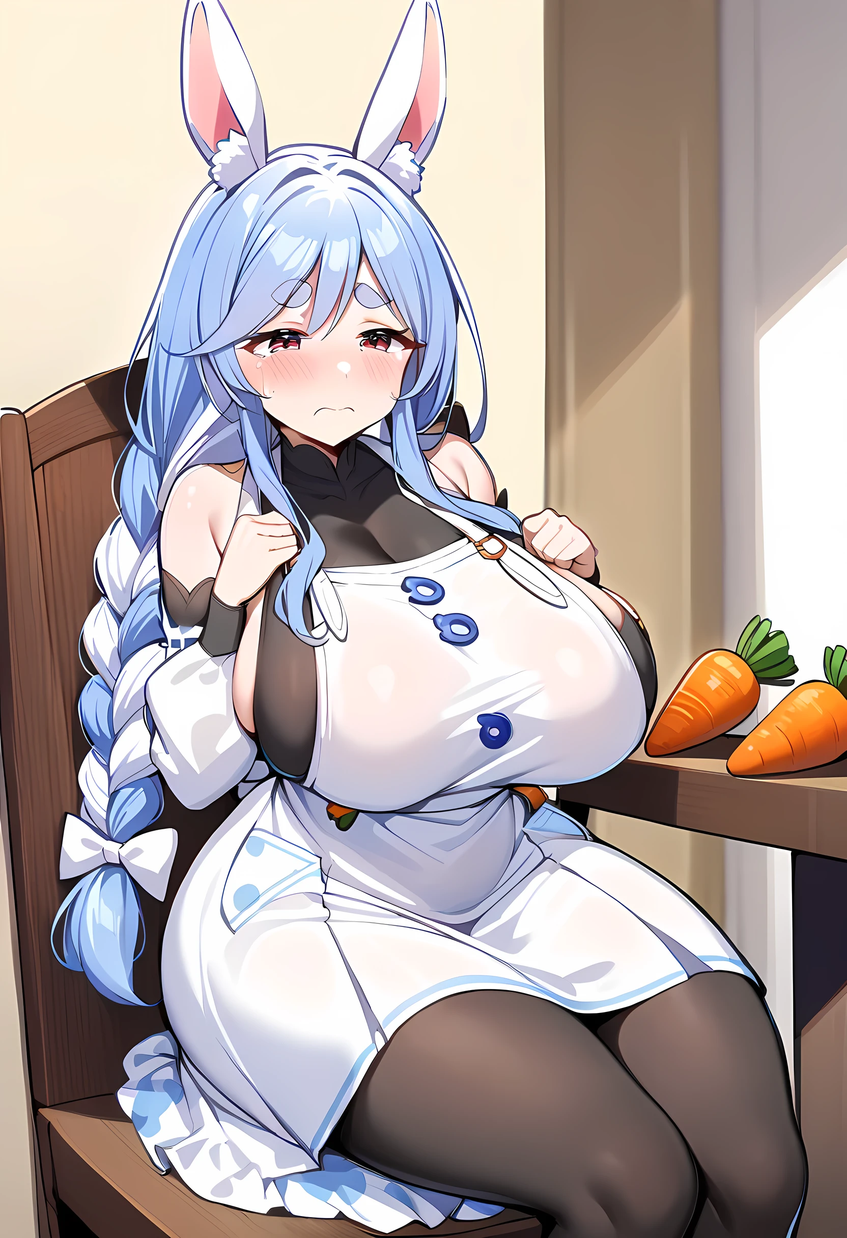 score_9_up,score_8_up,score_7_up,score_6_up,score_5_up,score_4_up,(((1 girl))),(((solo))),(pekomama), thick eyebrows, droopy eyes,rabbit ears, animal ear fluff, long hair,braided ponytail,((( white tops;1.5))),((( white long skirt))),(( apron)),(( black pantyhose)), detached sleeves, carrot hair ornament,mature female ,sagging breasts,curvy,(sitting living chair),(((sad :1.9))),sweat on face,indoor,in the woodhouse,looking at another ,Close up to girl,