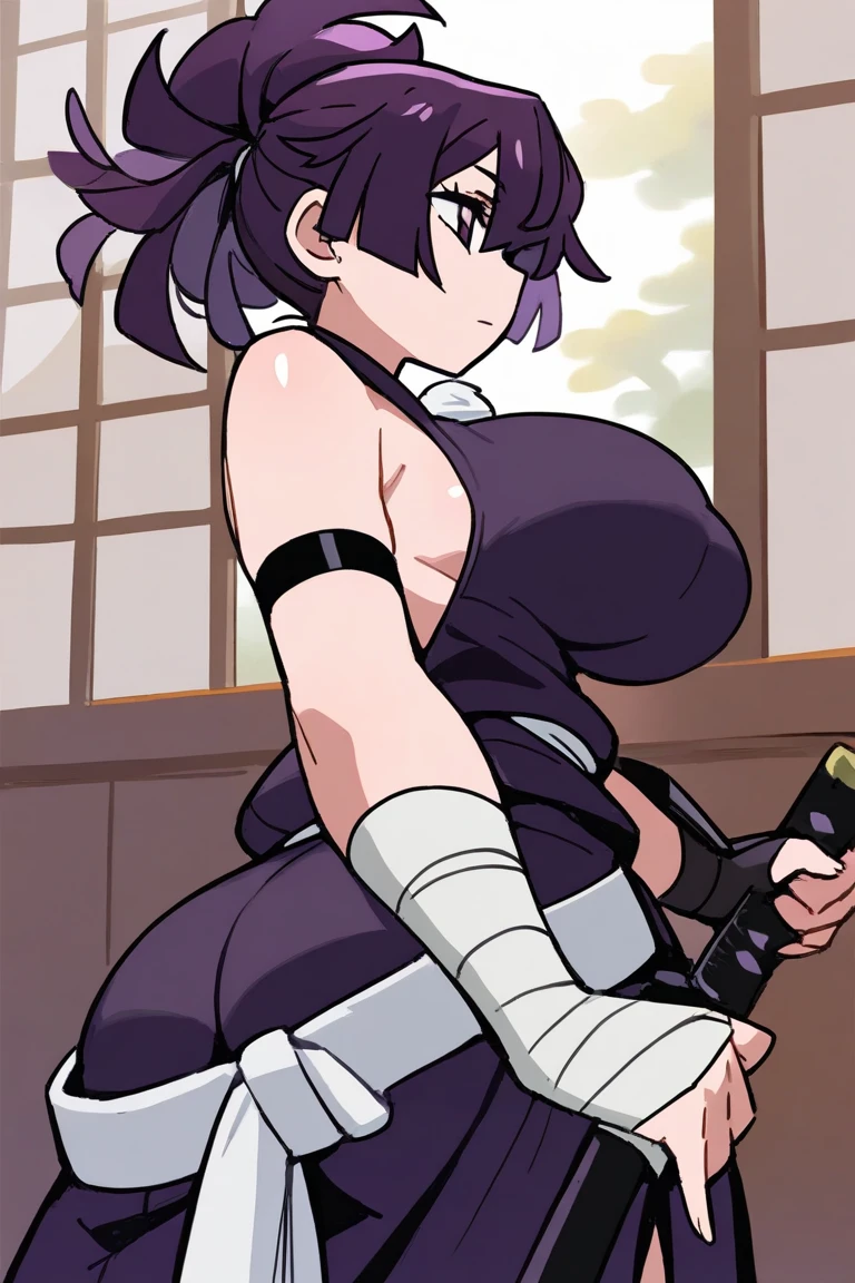 (Perfect body),Best Quality,16 K、NSFW、(ninjartist)、blush、glares、(((Surprised)))、embarrassed from、hairs between eyes、(short-hair)、(Eyes are purple),((Black hair)),(Sweat)、Black knee socks、((Dark purple kimono))、a miniskirt、(whitepanty)、((red scarf))、(Purple Mask)、((Big ass))、(((((Big breasts)))))、(((thick thighs)))、((Hands behind the head))、Armpits、((spreading legs))、kneeking、(Dark concrete room)