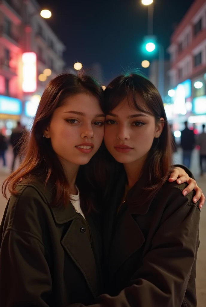 Capture a photorealistic, hyper-detailed image of 2 girls together in a single frame, 18 years old, (kissing:1.1), smiling, Dark hair, choker, (dark eyeshadow:1.3), _cut hair, (big breasts:1.3), curvy russian women in a  and blouse in greece. Realistic skin texture. Use ambient street lighting to create vintage shadows. evening. Export in RAW with a 'vintage elegance' Instagram LUT