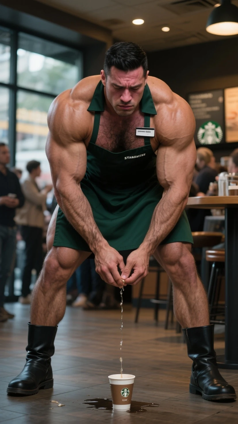 full view full body, A white bodybuilder male with undercut light-brown haircut, eating protein powder in bowl, is wearing a tight lycra dark-green shirt and dark-green lycra shorts, green lycra socks and white Nike air max trainers, flexing his over-Muscular arms showing off over-bloated triple biceps bigger than his head .he has enormous muscles and over-bloated pecs, over-inflated shoulders and back, sitting at a table in popular restaurant, airmax sneakers and dark-green socks must be seen