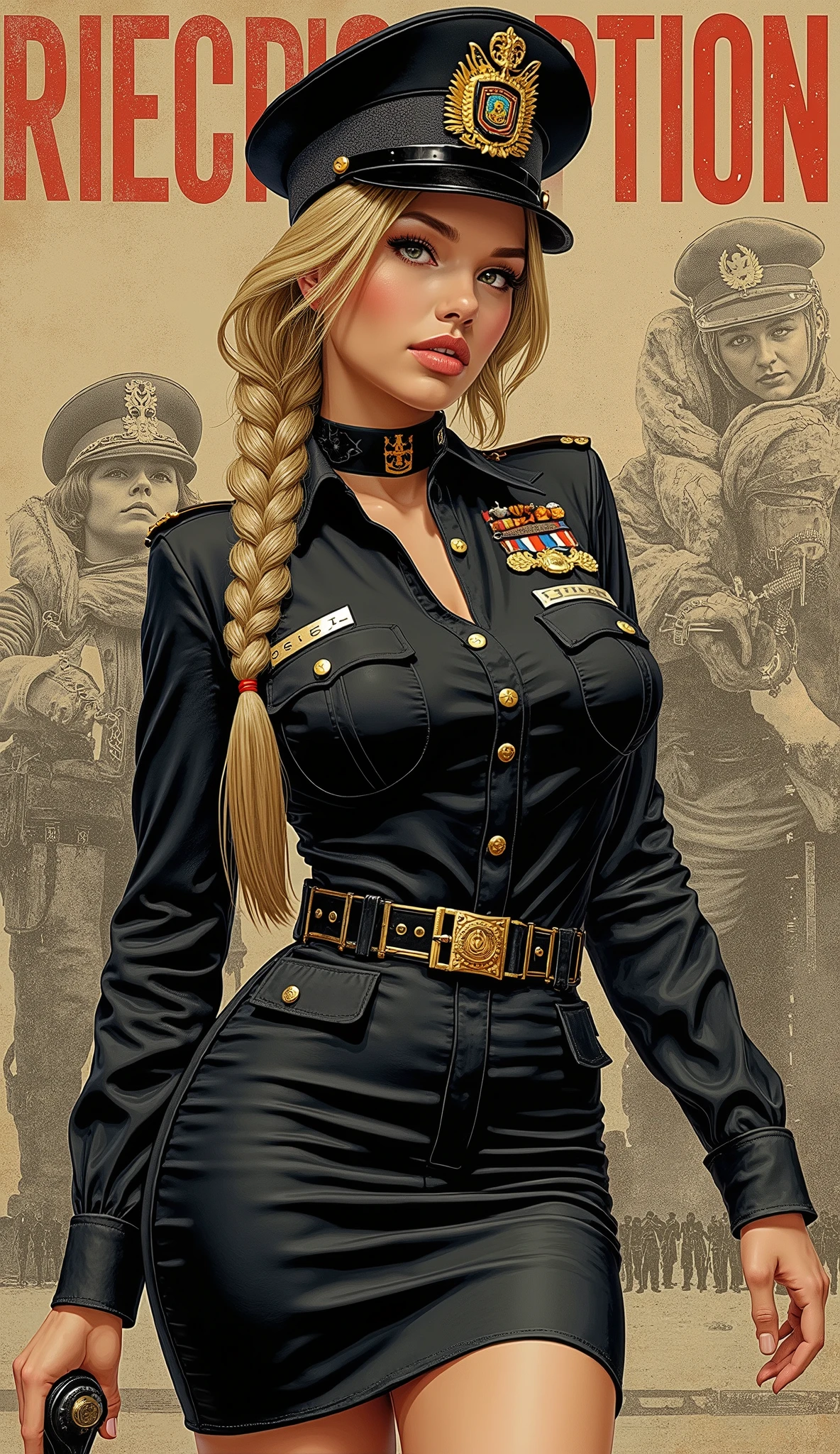 the proportions and detailed textures multicolor brushwork and softened with airbrush, semi-realistic ink china illustration of a strong and beautiful young girl in a steampunk style police uniform and epic fantasy (full body pose, with a confident and daring stance, Full lips and defined eyebrows, thick thighs, huge round breasts, wide hips, thin and high waist, flat stomach) Her long, straight blond hair is tied into a (long) braid that falls down her back. Her uniform consists of a black shirt beautifully decorated with military orders, decorations and medals, a tight, high-waisted, finely tailored knee-length pencil skirt, and an officer's beret decorated with a military police badge. In the background is a recruitment poster for the army, all in a steampunk and World War II style. The composition, halfway between vintage and punk, of the overall image is clean, defined and of high quality. balanced saturation in the color palettes very defined (color with monochrome shading and shine tones of red 25% + yellow 25% + blue 25% + biofluorescent 12.5% + transparencias 12.5%. Aesthetic fusion by (Fibonacci ratio. Young girl (Her skin pink with various shades of dark-beige that give contrast and brightness character) style. A poupée realiste of a young office's police. haute couture photoshoot (Full body in a movement position with hands and legs in a dynamic pose). Fluid texture of fine, thin fabric that molds to your body (Her clothes with relief and folds give volume and depth to the character). Sharp Highly Detailed Soft Focus, Approaching Perfection, Full HD 8K, High and Low Angles. of Gianni Versace, Coco Chanel, Alberto Vargas, Greg Rutkowsk art style fusion.
.