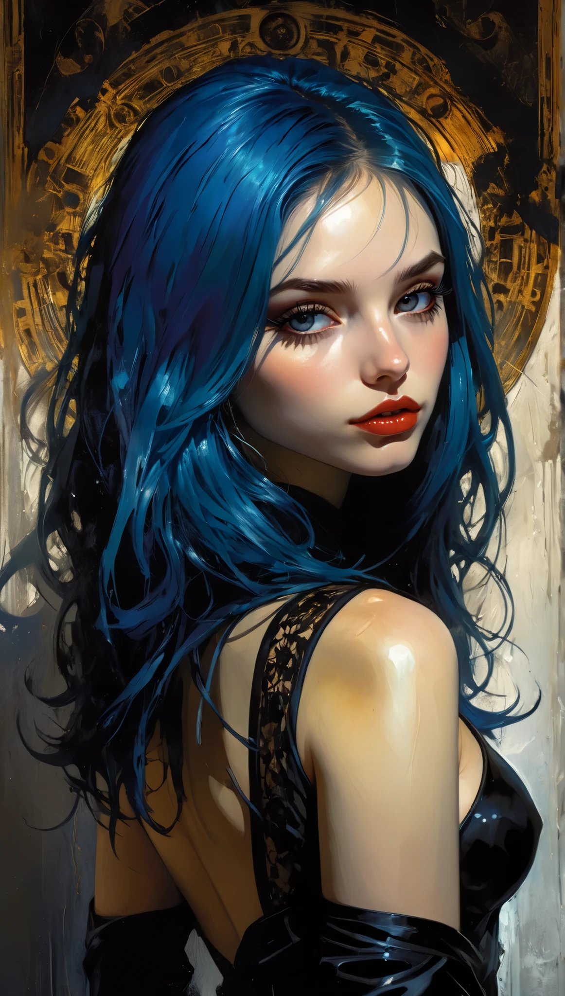 Best quality, Best face, 1girl, Blue hair, Long hair, white skin, sexy, perfect ass, thick eyelashes, Thick lips, Smirk, looking at viewer, starrystarscloudcolorful,eroticism, sexy, black and white image, between shadows, oil painting, chiaroscuro, sensual, dramatic lighting, moody atmosphere, photorealistic, intricate details, masterpiece, ultra-detailed, high quality, 8k, best quality, realistic, cinematic, dark and brooding, expressionistic, powerful composition, emotional impact, art inspired by Bill Sienkiewicz and Dave McKean