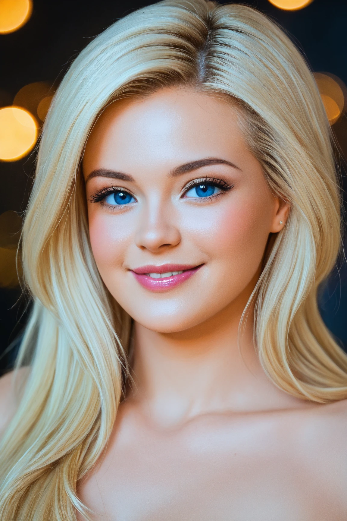 professional photo, authentically beautiful blond woman as a photoshoot model, great smile, detailed face, closeup, in a back garden with a swimming pool, night sky, glitter colorful fantasy, hdr, 8k, intricate
