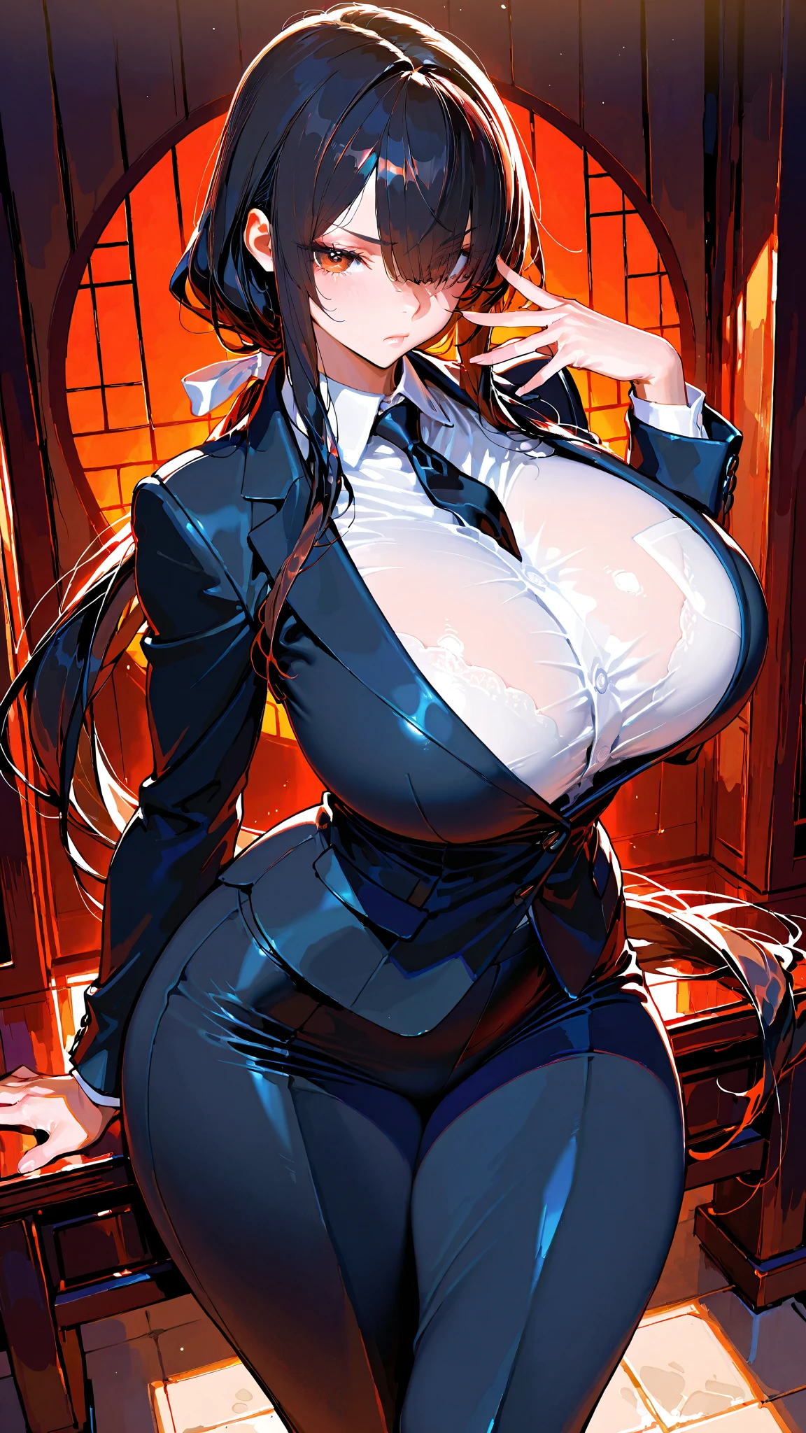 1female,35yo,plumw,extremely large bosom, 独奏,(Background with:Huge machinery,droid,aerodrome,Planes,Huge mechanical armor,) She has very short black hair,bobo head,Stand on the plane,,seen from the front, hair straight, mostly cloudy sky,(((tmasterpiece),(Very detailed CG unity 8K wallpaper),best qualtiy,cinmatic lighting,detailed back ground,beatiful detailed eyes,Bright pupils,Blue eyes,Snow-whiteskin,Redlip(Very fine and beautiful),(Beautiful and detailed eye description),ultra - detailed,tmasterpiece,))facing at camera,A high resolution,ultra - detailed),revealing breasts,Bare genitalia, Bulge,legs are open,Raised sexy,Camel toes,Flushed complexion,Desire for dissatisfaction,frontage,(Wearing:blazer jacket,tailcoat,White color blouse,a black bowtie,Black pantyhose,Bare breasts)