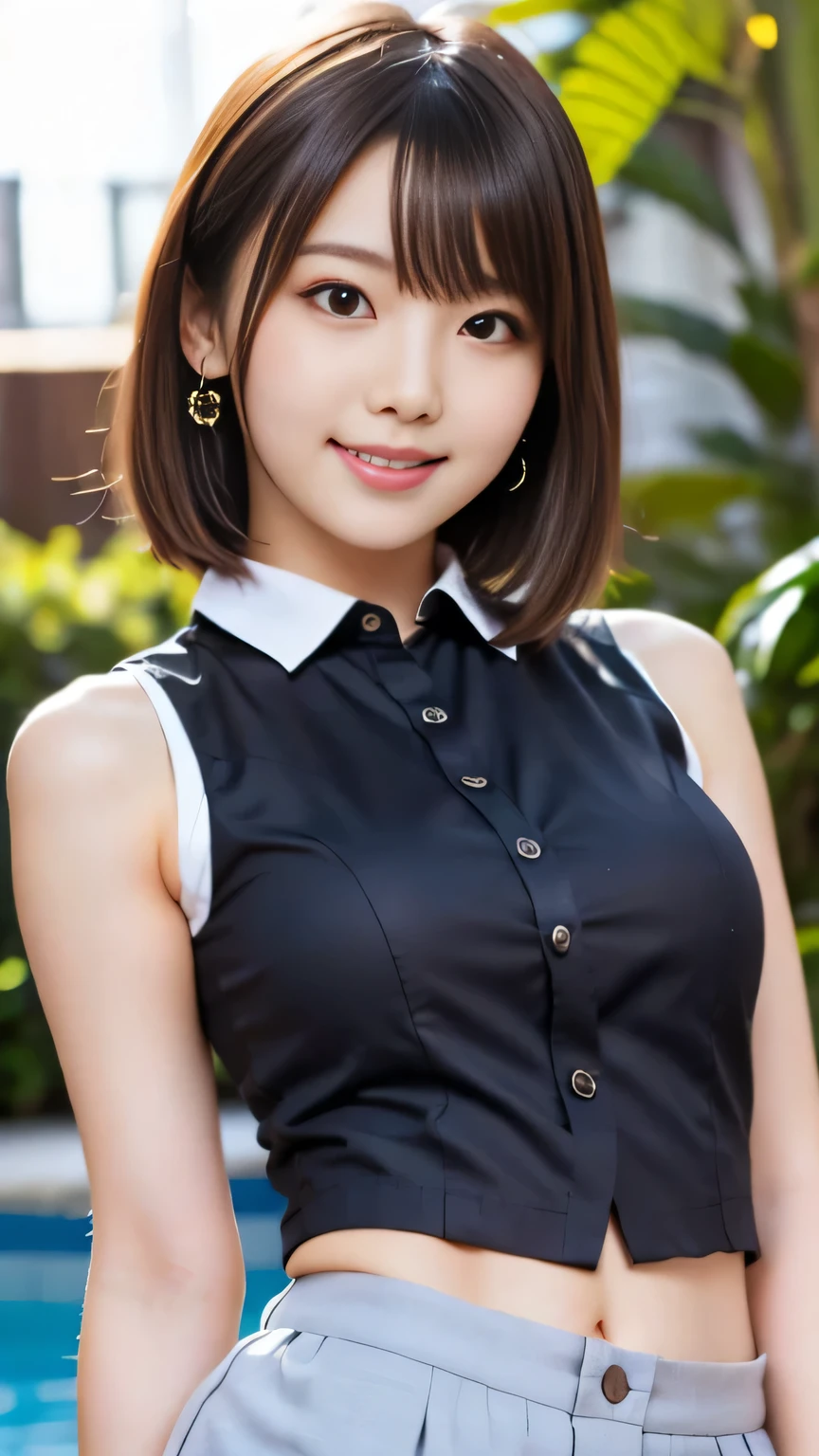 (night, Soft lighting, Highest quality, 8K, masterpiece, RAW Photos: 1.3),mysterious, Beautiful woman, Fantasy, Red colored eyes, Narrow eyes, Narrow eyes, Symmetrical eyes, (Highlight Color Hair, Shortcuts, Bob Cut Hairstyles), Earrings, Thin bracelet on wrist, ( Cleavage, whole body, Sleeveless shirt with collar, Button-collared shirt, Tight pants: 1.2), Super detailed, Intricate details, Highly detailed face and skin tone, The body is slim, whole bodyタトゥー, whole bodyに入れ墨, Narrow eyes, Slit eyes, Realistic, compensate, intellectual, Fascinating, Beautiful standing posture, Small breasts, nightの街, Invincible Smile, Dynamic Angle, dynamic,