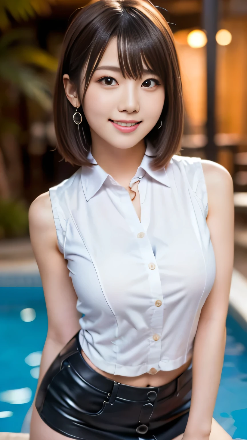 (masterpiece)、(Highest quality:1.5)、(Photorealistic:1.2)、(Surreal), (High resolution), (Realistic), (Post-processing),(Sharp focus), Sharp focus:1.2,Backlight, (Improvement of quality:1.4), (Narrow waist)、Big Ass、((Perfectly detailed five-fingered hands)),(Anatomically correct body)、((1 female:1.4))、Japanese、Realistic Skin、(Small chest:1.4)、Bust size is A cup、Pretty woman with perfect figure:1.4,(from the front:1.5), (Enhances the beauty of skin texture:1.1),No makeup、美しいBlack Hair、The best smile、Natural color lip、(Small Mouth:1.4)、The mouth is not open、Thick lips、(Oval Face)、Even bangs、Hide eyebrows with bangs、((33-year-old woman))、Bob Hair、Hair blowing in the wind, (Black Hair, Iris, Watery eyes, Shining Eyes, Bob Cut Hair, Small earrings,), Hair behind the ear、No makeup、(Drooping eyes)、(((One lovely woman)),((A big friendly smile)),(( Small breasts,Small breastsの谷間)),((((Plump Cheeks)))),((whole body:1.5)),very cute,(Baby Face),高級restaurantで、full-course dinner、Wine Party、Bright image、The beauty of wine, Beautiful Face, red wine 、Appetizers、Italian food、Wine bottle、Champagne、sparkling wine、(slimな顔), (The body is slim),restaurant, White wine, slim, wine glass, 中央に置かれたwine glass, Beautiful fine grain, Depth f/2,saturation, High Contrast, Strong light and shadow,Moist Body:1.5、3D texture、Delicate eyes、((In front of the food on the table:1.5))、White collar shirt and tie、erious expression
