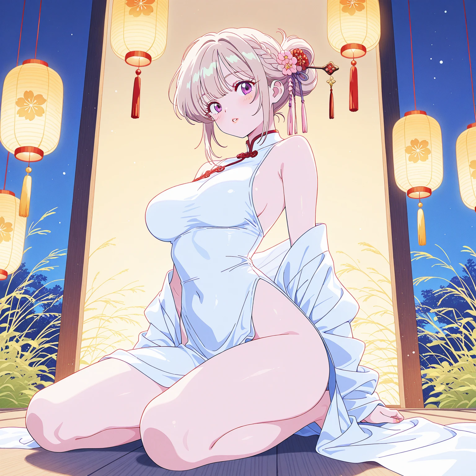 core_9, score_8_up, score_7_up, source_anime,Low angle shot, ,very small breasts, Skinny body, 1girl, gwenstacy, blonde hair, blue eyes,very small breasts, Skinny body, completely naked, action pose, dynamic pose, golden butterflies, seductive, curvy, full body, legs, feet, very beautiful, black trim, Japanese garden, fantasy, cherry blossoms, epic, highly detailed, black and red theme, candlelight, night, dark, soft lighting, golden particles, full moon, moonlight