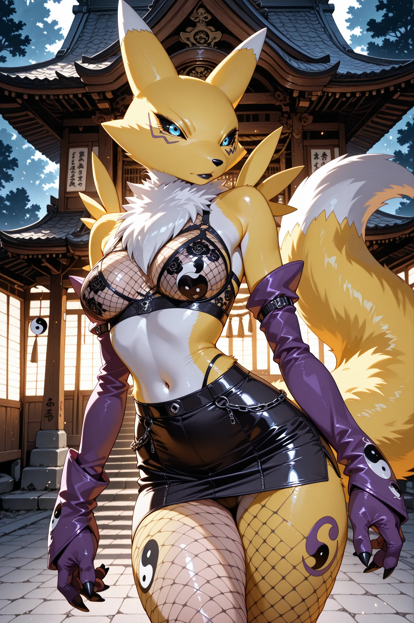 by fluff-kevlar, by ouka, by Kilinah, (((woman, breasts, antrum, extremely detailed, extremely detailed legs, extremely detailed arms, extremely detailed face, perfectly detailed eyes, perfectly detailed anatomy))): 1.2, beautiful and detailed portrait of an anthropomorphic vixen ((female))), anthro, female, fox, high definition, good anatomy, yellow fur, yellow body, simple background, highly detailed face, deep yellow iris, yellow eyes, yellow hair, long hair, kitsune, multiple tails, dark lighting, moody lighting, full body, sexy body, slanky body, sexy face, nice, hot, cute, pawpads, paws, showing feet, magical levitating, night, blushing, friendly smile, smile, friendly, elegant, dark, mysterious, alluring, beautiful, thigh highs, purple yukata