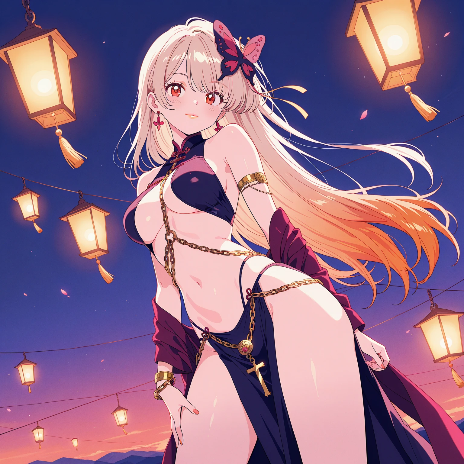 (Cape)、(((Red tattoo)))、（((Red Bikini)))、Beauty、(((Blonde twin tails)))、((whole body))、(((Photo taken from below)))、Night Sky、The background is a night forest