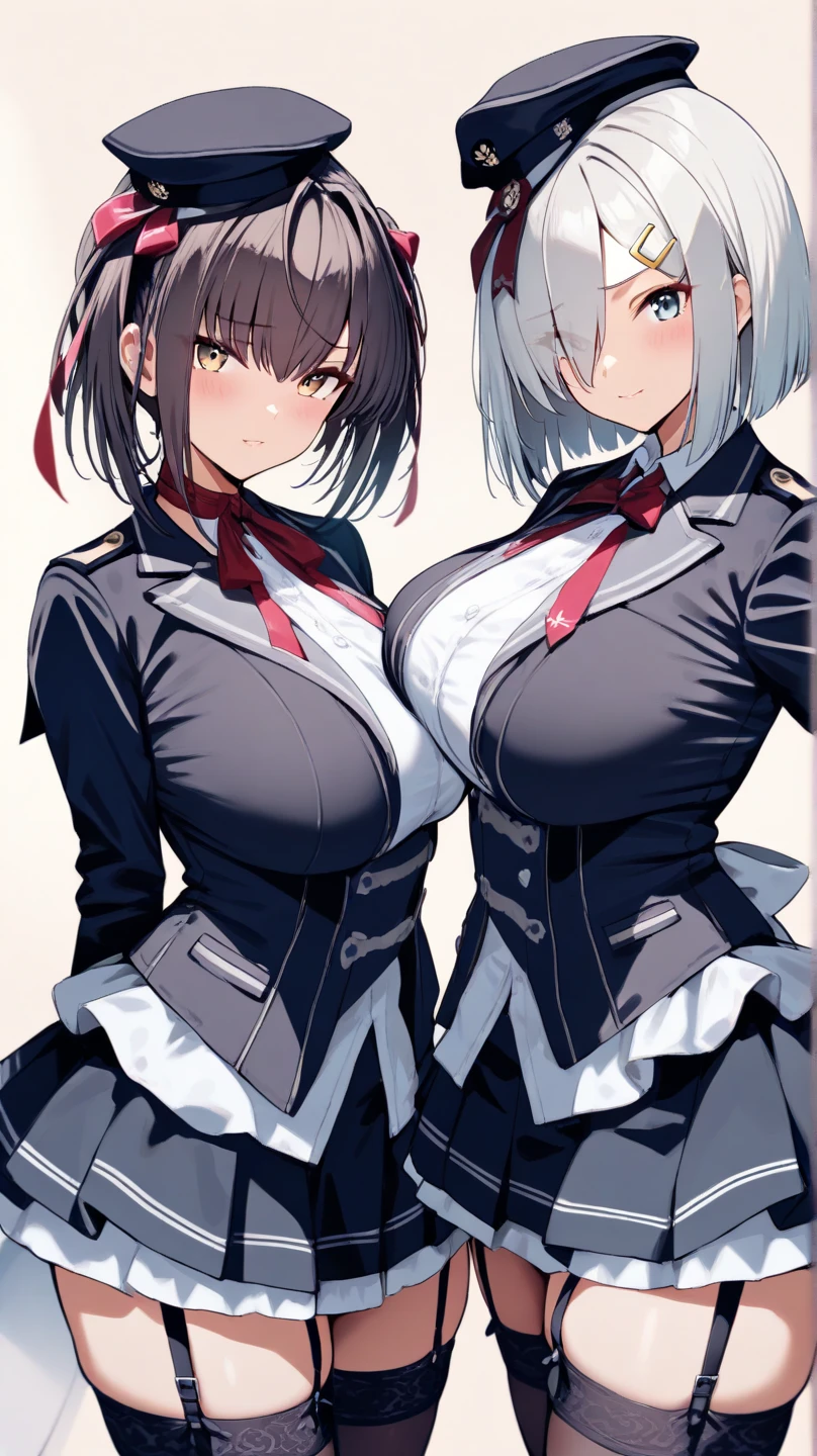 masterpiece, Best quality, watercolor (medium), 1girl, breast, Solitary, short hair, Cleavage, Black and gray hair, Black eyes, earrings, Bangs, jewelry, skirt, Bare shoulders, sleeveless, Hair between the eyes, 单Scapula, looking at the audience, Photo poses, Raise your index and middle fingers, large breast, armor, shoulder armor, sleeveless skirt, Upper Body, Single sleeve, white skirt, Scapula, Devil smile