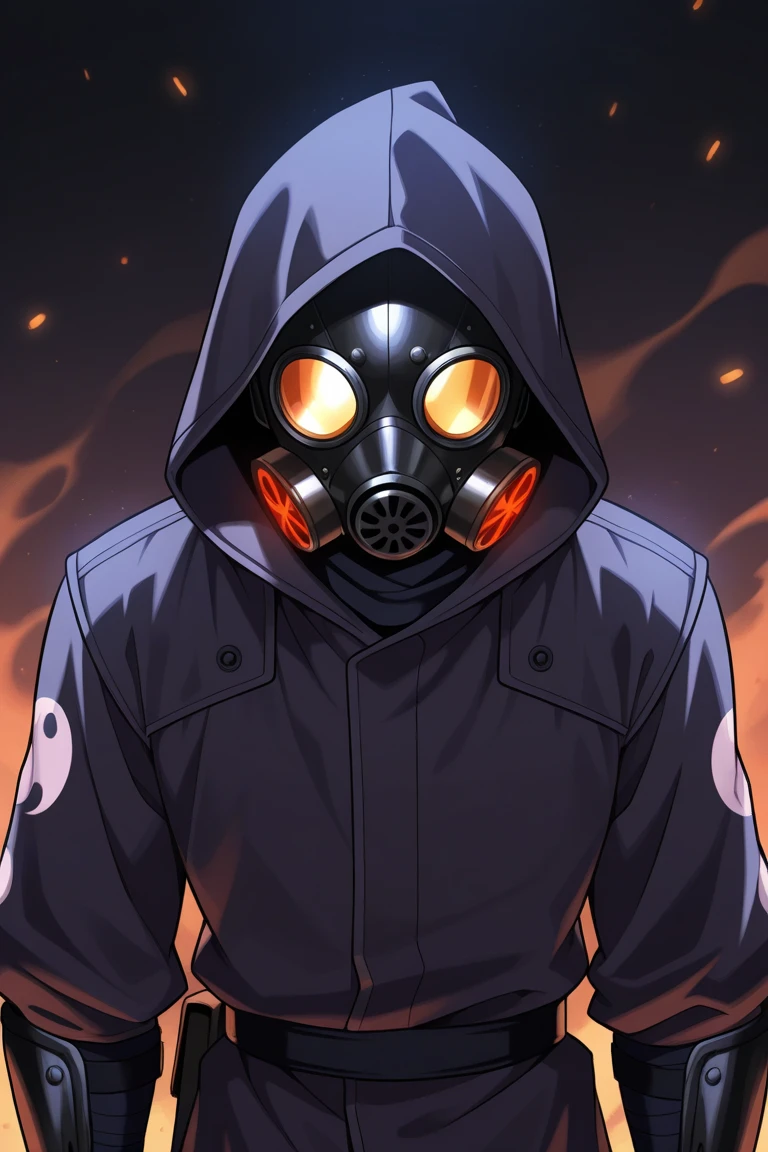 A man with gas mask with neon lights, looking at the viewer, side eye, white hood, gas mask, gas mask orange lights, X-shaped eyes, X-shaped eyes glowing orange, black gloves, white hood, bloodstained clothes, white clothes with blood, white coat, white vest --auto --s2