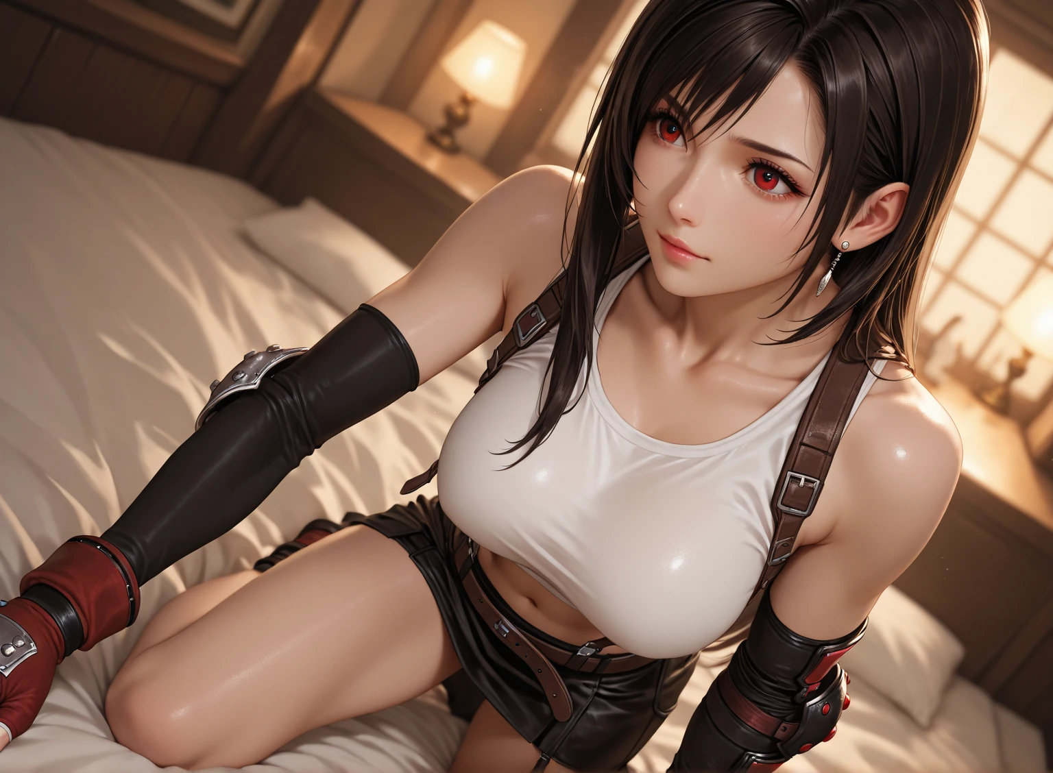Tifa in a bed, naked, whole body, pose sensual, round ass, big breasts and light brown eyes. 8k, Best Quality, masterpiece 1.2