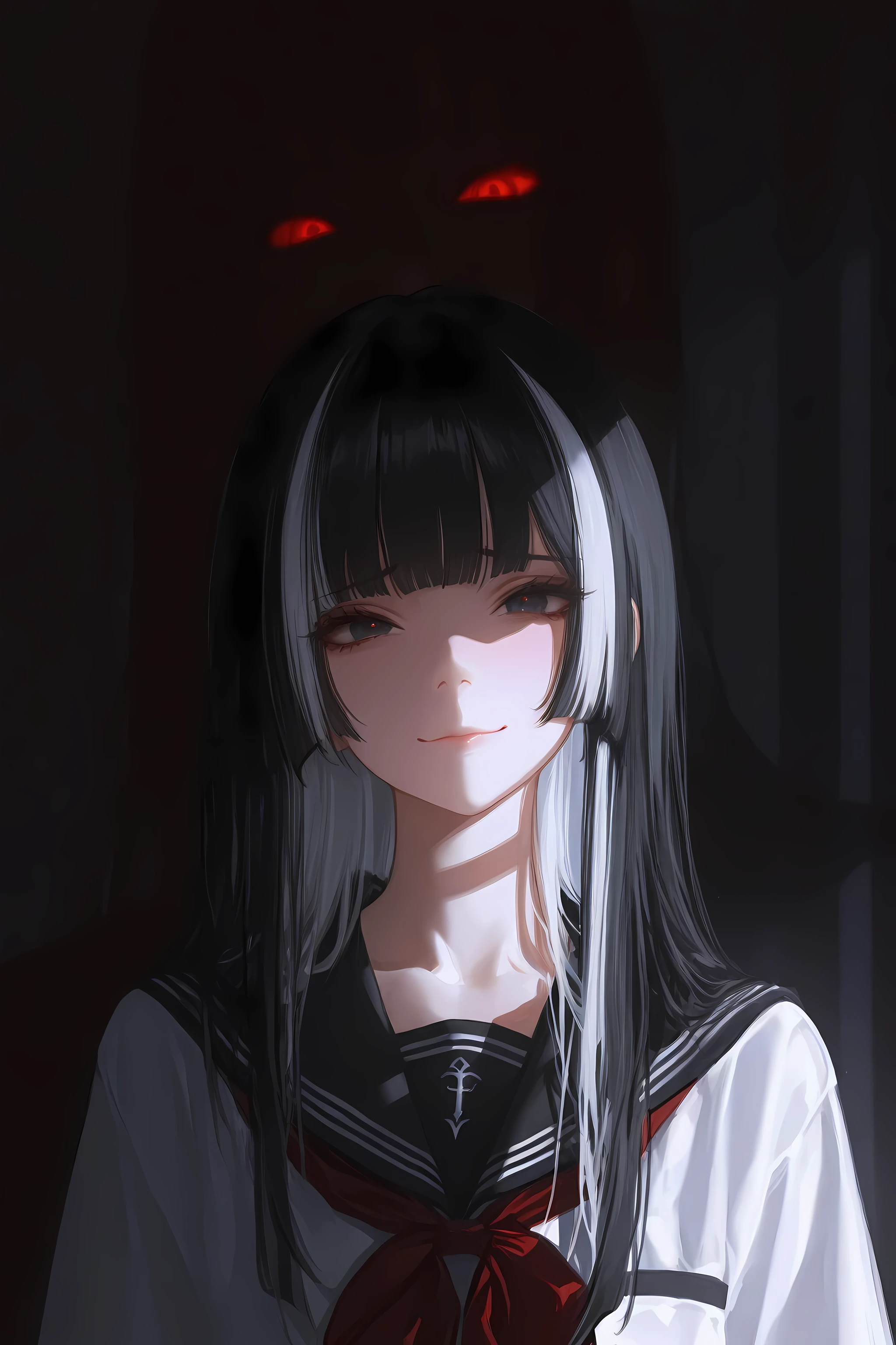 masterpiece, best quality, amazing quality, very aesthetic, high resolution, ultra-detailed, absurdres, newest, 1girl, black sailor, hime cut, long hair, black hair, white hair streaked hair, sad smile, looking at viewer, sharp shadow, cinematic lighting, volumetric lighting