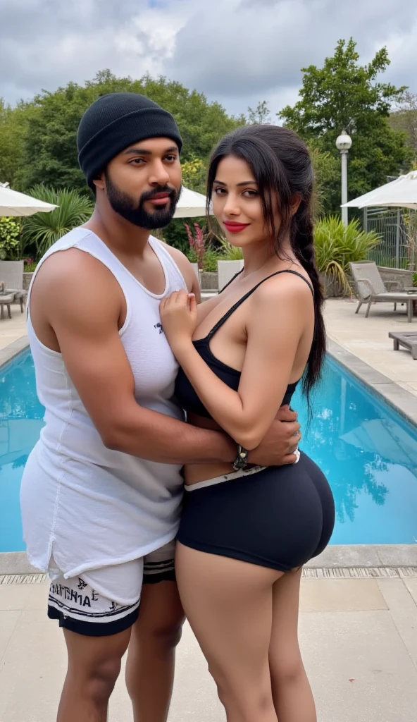 A Masculer man,hairy chest,wearing swiming shorts wite muslims wite turban,teaching swimming technics,to a beautiful Young woman,wearing Orange coloure swiming bikni,Sindoor on hair line of head,smilling,kissing mans hairy chest