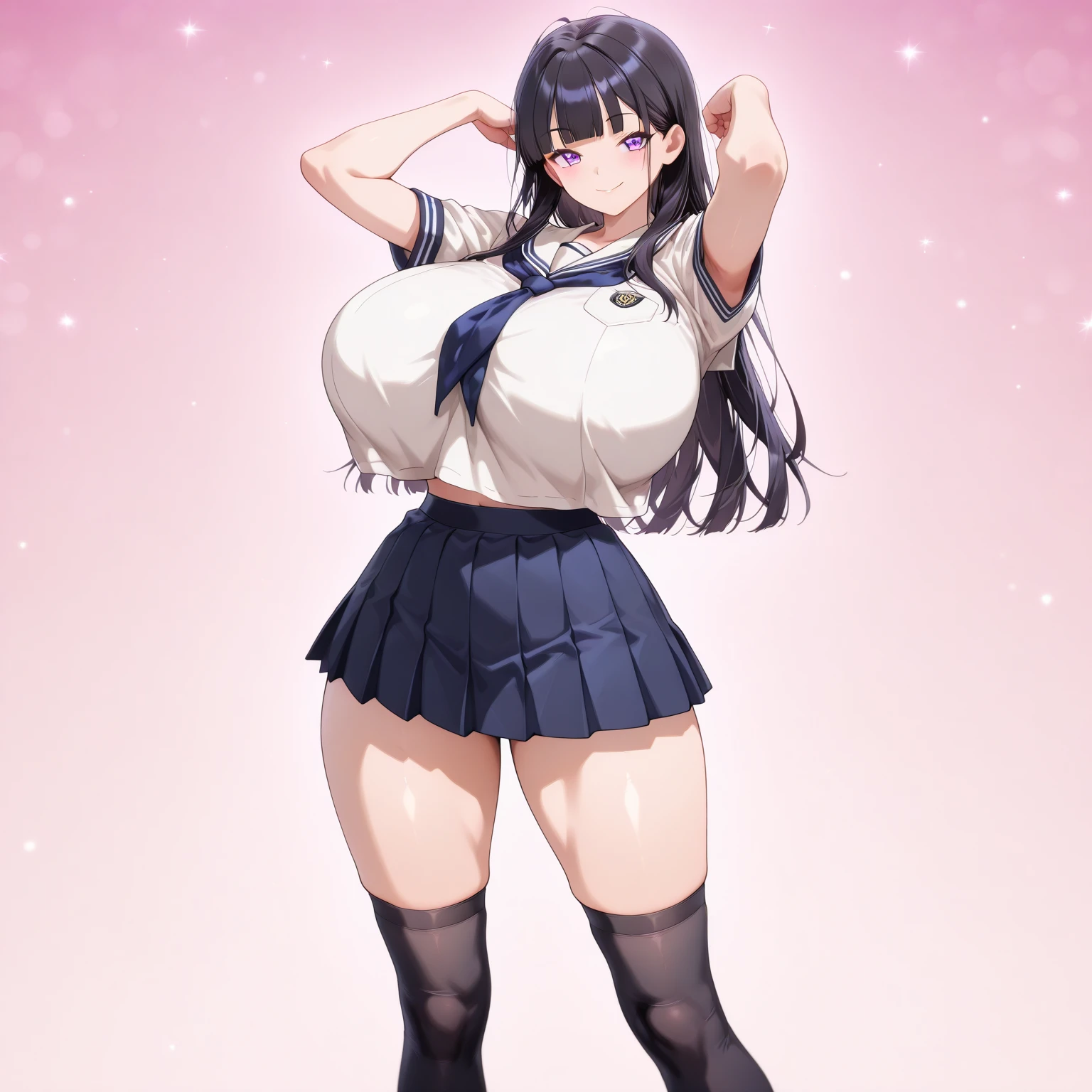 One Girl,Precise five fingers、{Knee-high socks}、(((Wide Hips)))、 (((plump and thick thighs)))、((Big Ass))、(Big Breasts) Embarrassed look,Short Stack、whole body、Sexy pose。blue eyes、Black Hair、quite long hair、Hair between the eyes、Hello、choker、Idol Costumes、Sailor collar、Included sleeve、corset、Pleated skirt、Frilled Skirt