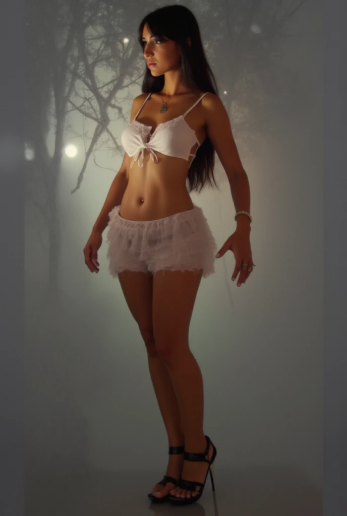 An illustrated movie poster, hand-drawn, full color, a teenage elven girl, wearing a lace bralette and bloomer shorts, black skin, Amazonian body, very tall, athletic, hourglass figure, curvy, bottom-heavy, generous hips, massive bubble-butt, long legs, ridiculously thick powerful thighs, light blue eyes, long pointy elf ears, ash brown hair, long loose curls, posing with butt facing toward camera, early morning fog, wet glistening skin, hard shadows, graphite shading, stencil marks, airbrushed acrylic paint, masterpiece, in the style of Lord of the Rings