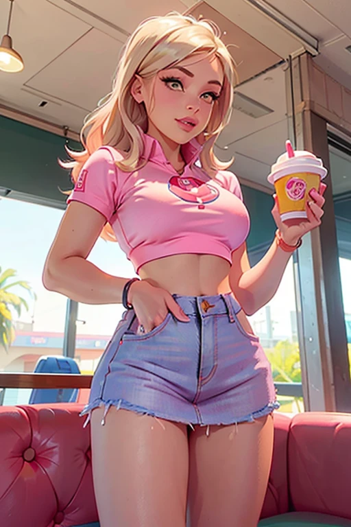 blonde, sculptural body, Scrumptious, provocative, delicious little breasts,  ((cropped rosa claro)), ((pink denim shorts)), ((tennis)), at a fast food restaurant during the day