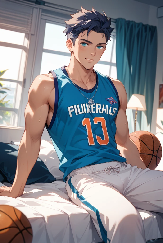 1boy, adult, handsome, perfect face, detailed eyes and face, clean shaved, muscular, capturing a rural atmosphere, dynamic lighting, unreal engine 5, hd picture, satoru gojo, white hair, short hair ,hair between eyes ,blue eyes, white skin, bed mattress details, basketball jersey