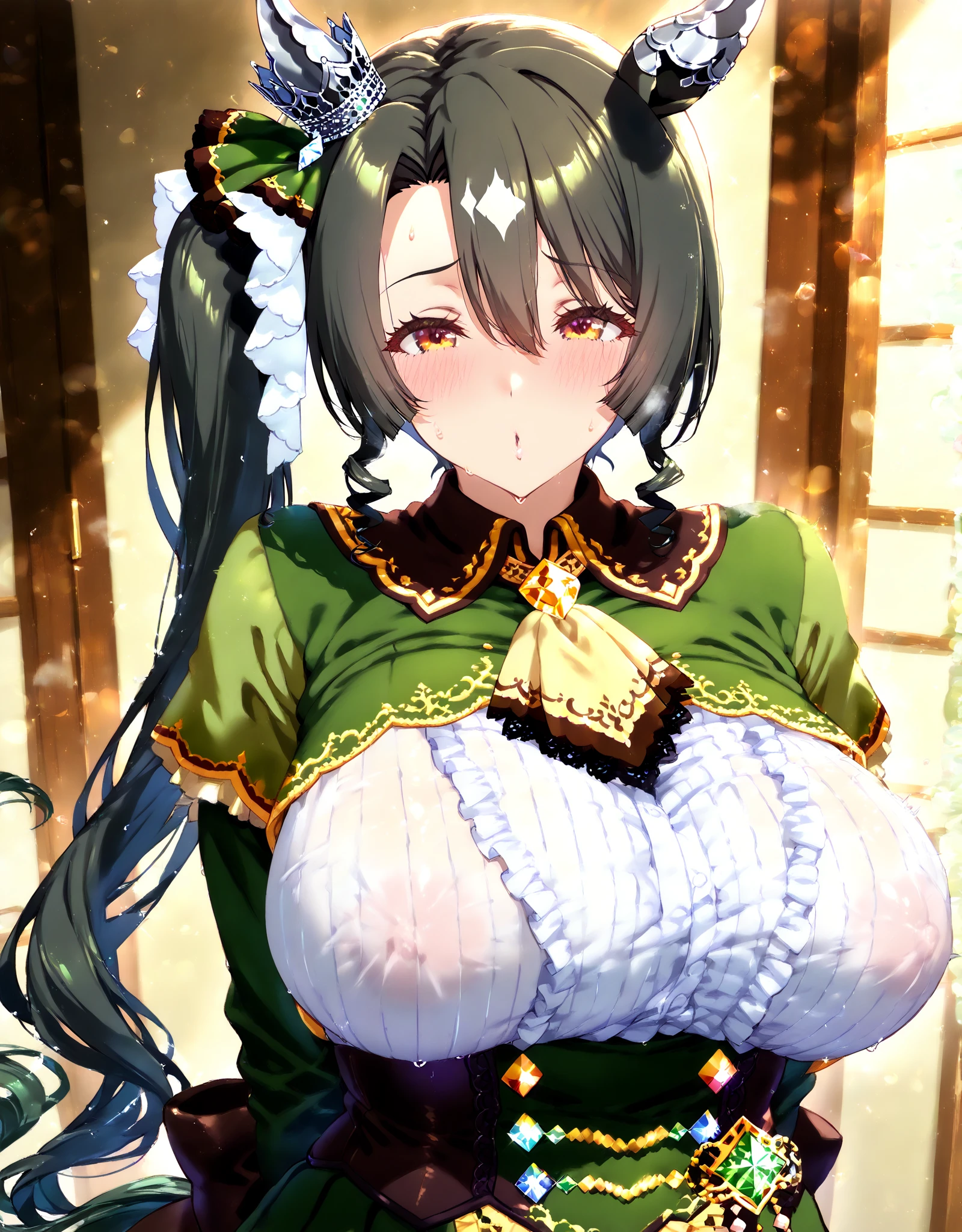 woman with sad look, mujer con lagrimas by the wide, by the wide, by rubio, makeup smeared, open mouth, with apron, in a kitchen, green skirt, showing her panties.
